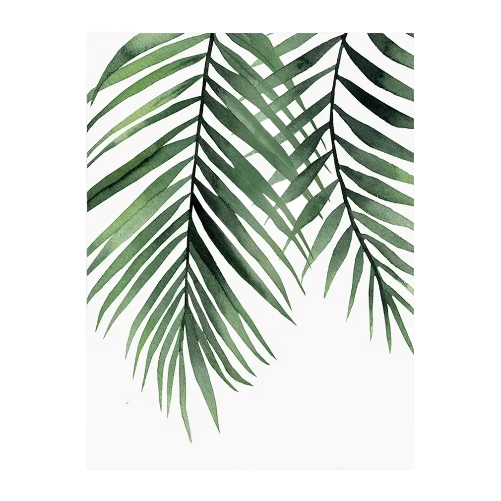 Botanical canvas prints green leaves wall art featuring watercolor-style overlapping palm fronds in green on white background