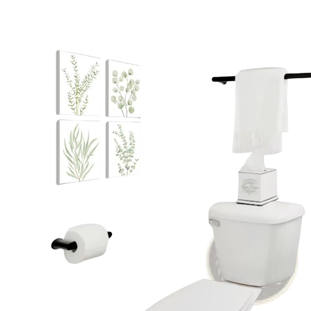 Set of four framed botanical canvas wall art prints featuring delicate green eucalyptus foliage on white backgrounds