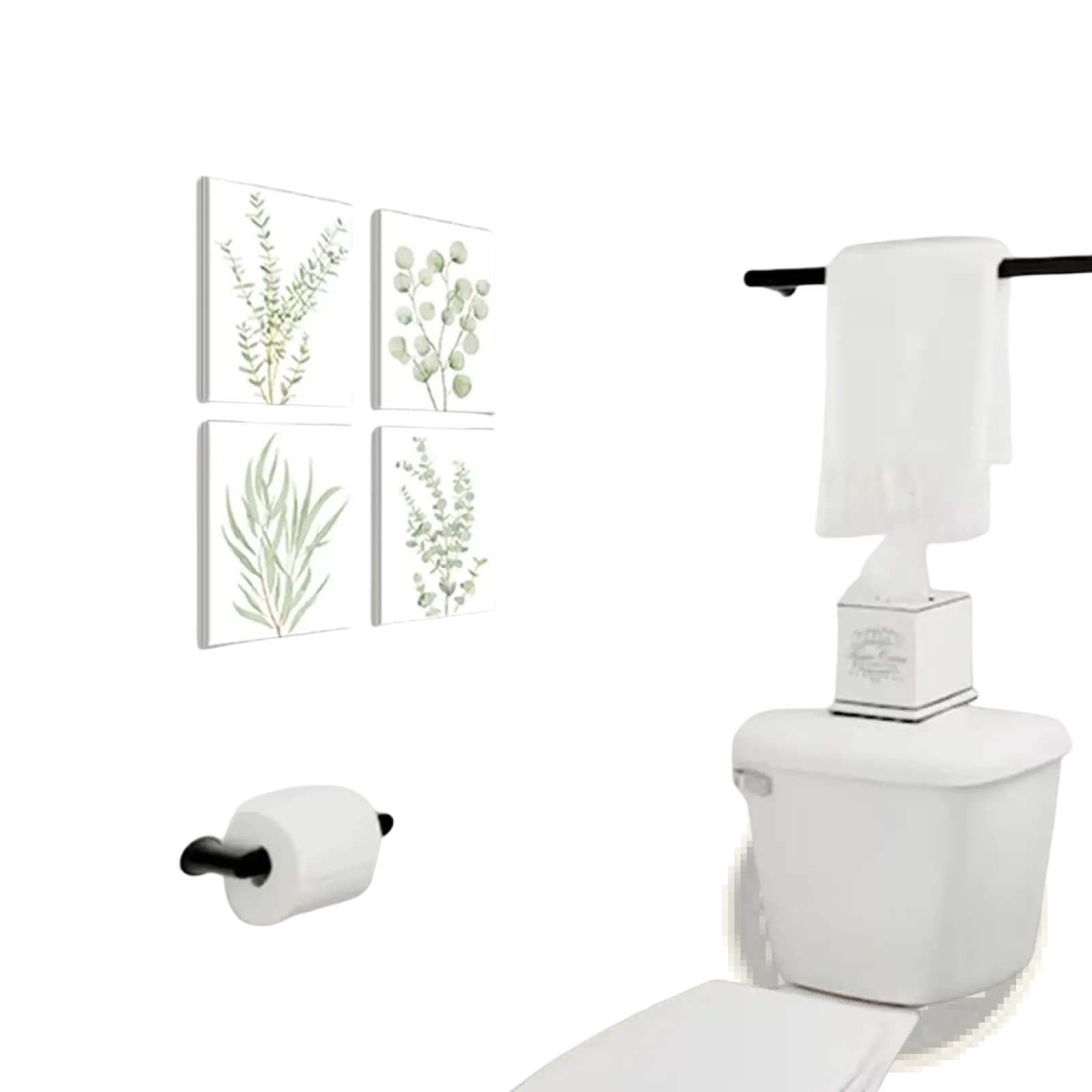 Set of four framed botanical canvas wall art prints featuring delicate green eucalyptus foliage on white backgrounds