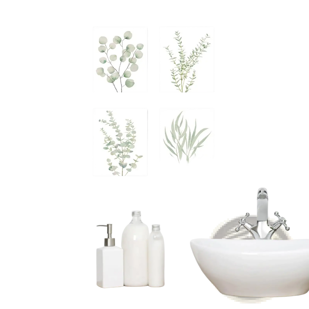 Set of four minimalist botanical canvas wall art prints featuring sage green eucalyptus illustrations on white background
