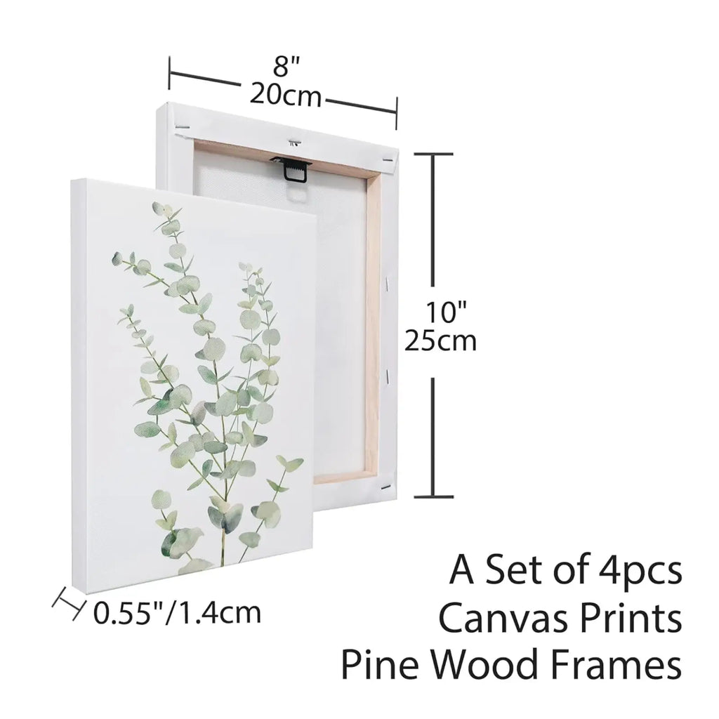 A set of four framed eucalyptus canvas prints featuring soft green and gray tones on light pine wood frames