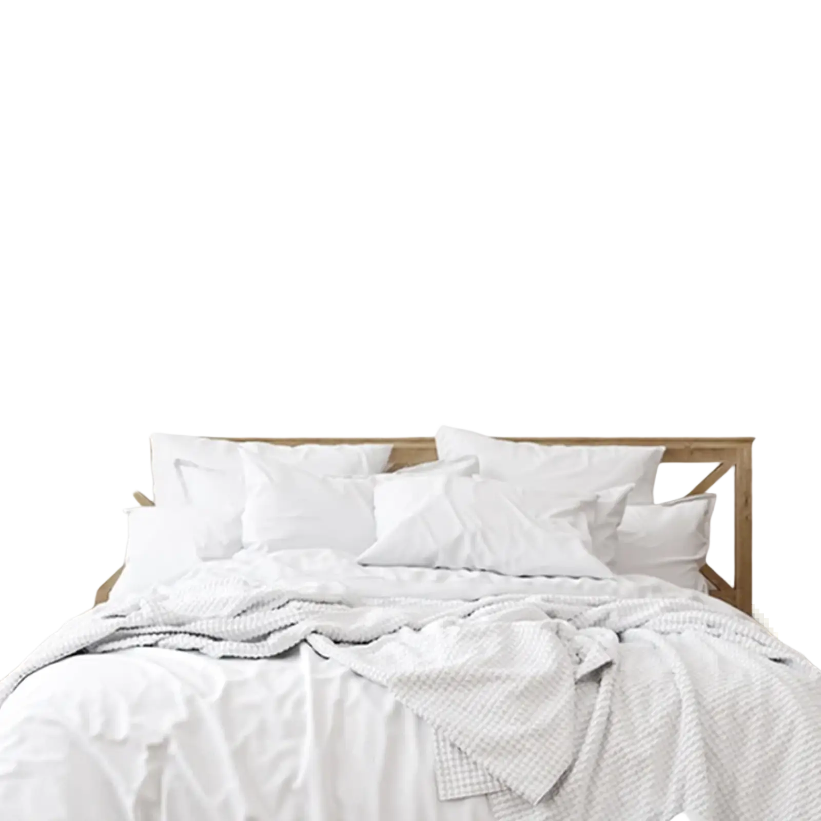 Set of four framed minimalist botanical canvas wall art featuring green and gray eucalyptus foliage above a wooden bed frame