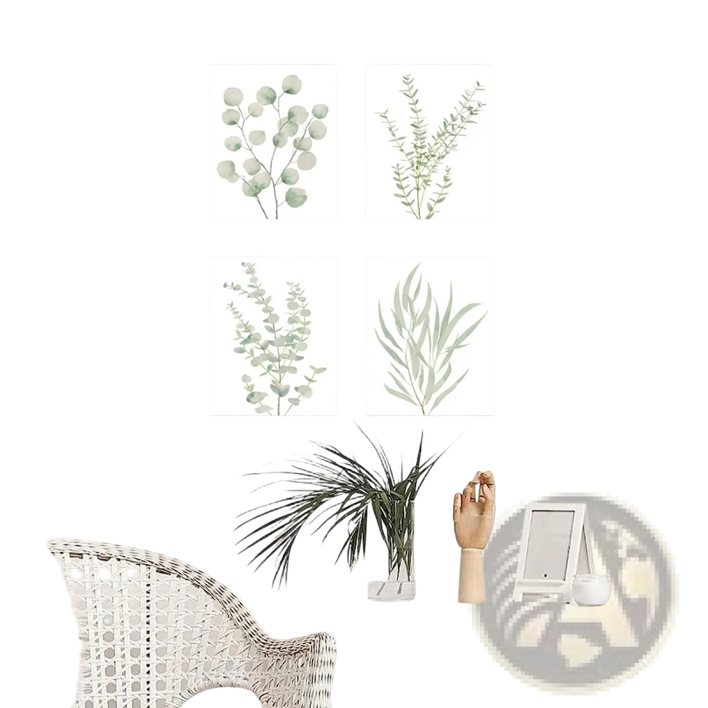 Set of four framed minimalist botanical canvas wall art prints featuring delicate green eucalyptus foliage on white backgrounds