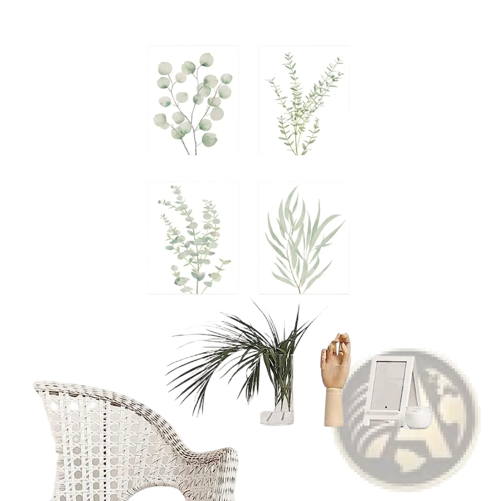 Set of four framed minimalist botanical canvas wall art prints featuring delicate green eucalyptus foliage on white backgrounds