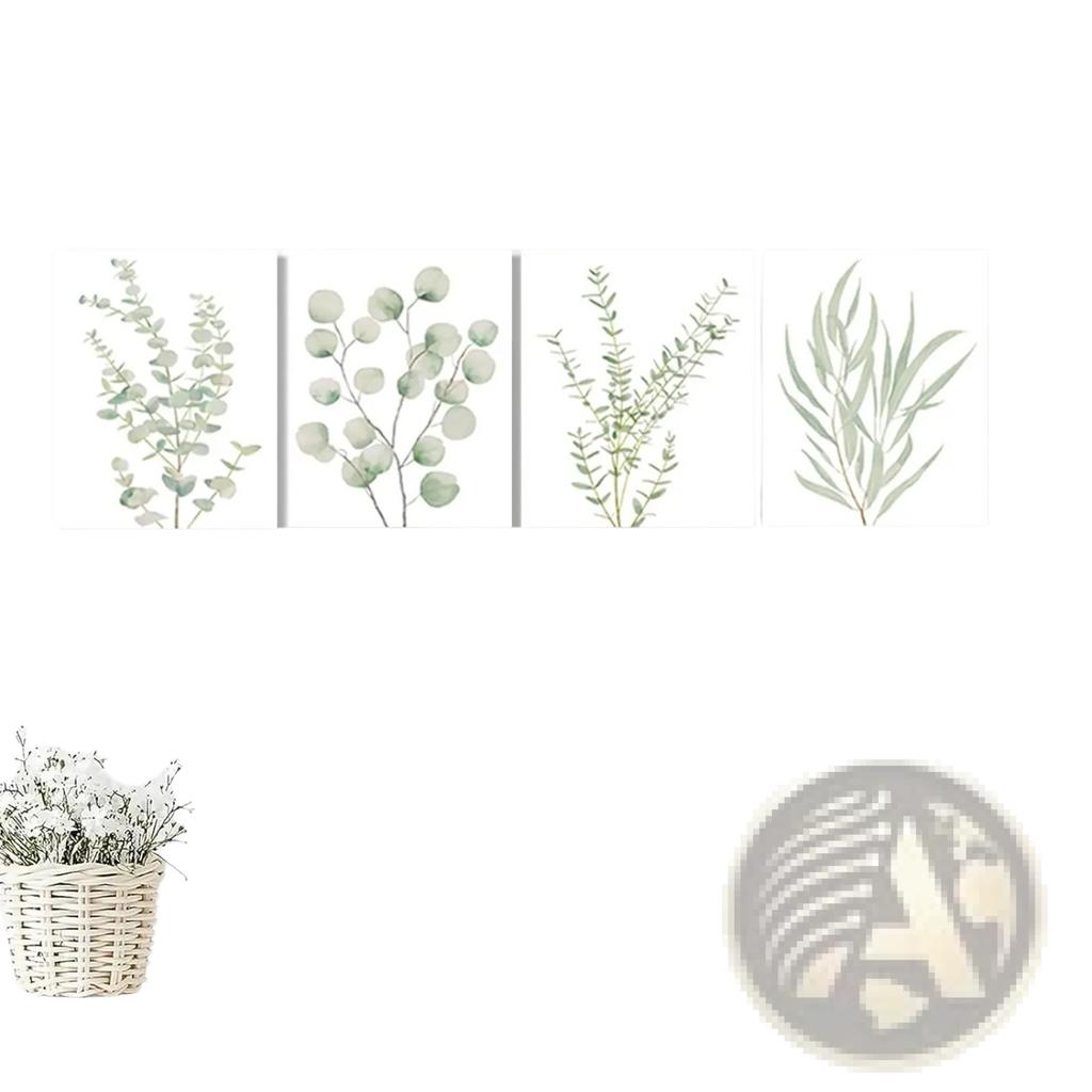 Set of four minimalist botanical canvas prints featuring delicate green eucalyptus foliage in soft watercolor style