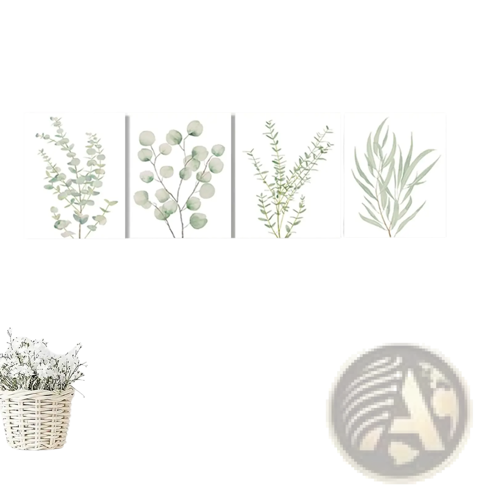 Set of four minimalist botanical canvas prints featuring delicate green eucalyptus foliage in soft watercolor style
