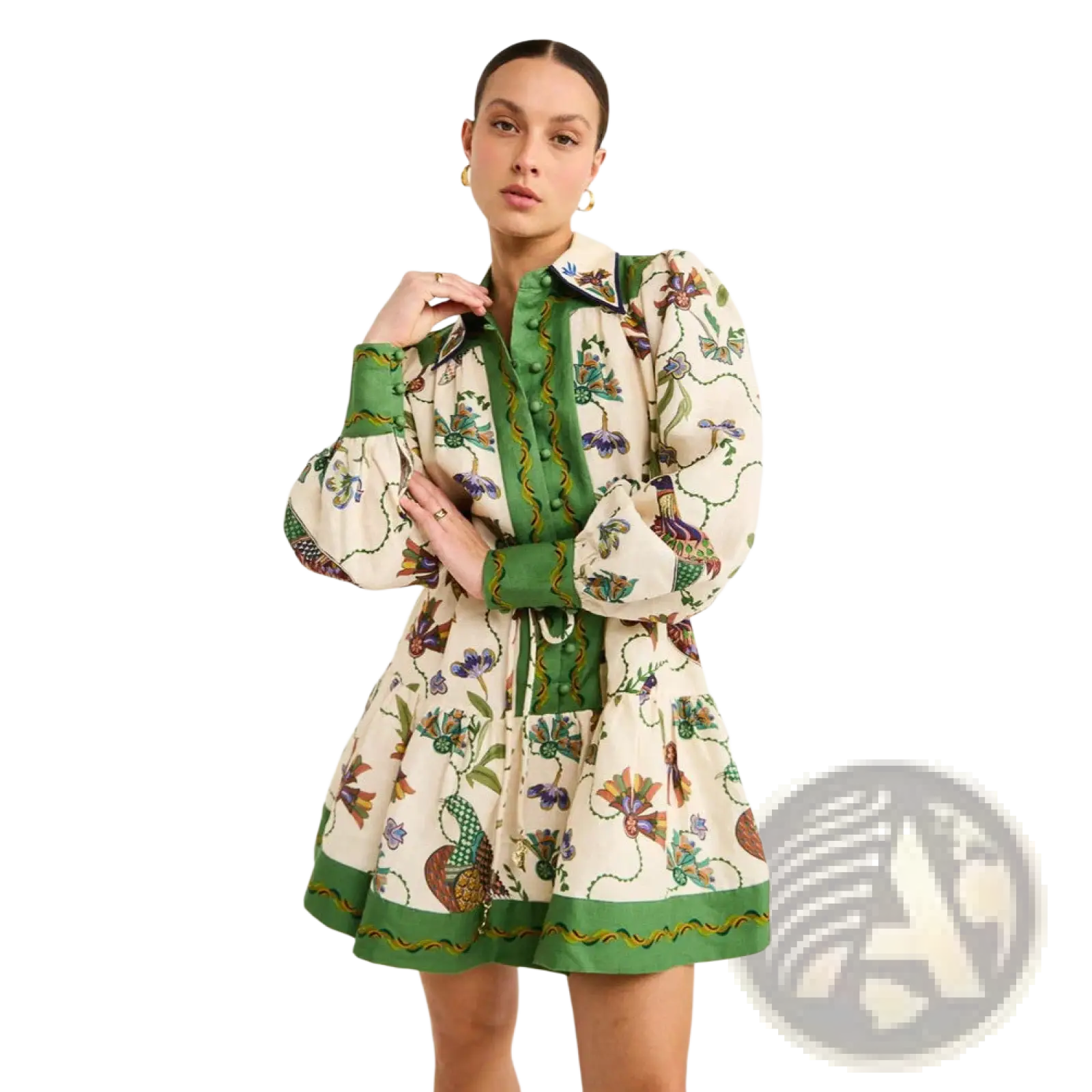 A woman wears a cream botanical print puff sleeve midi dress with green and purple accents and contrast trim