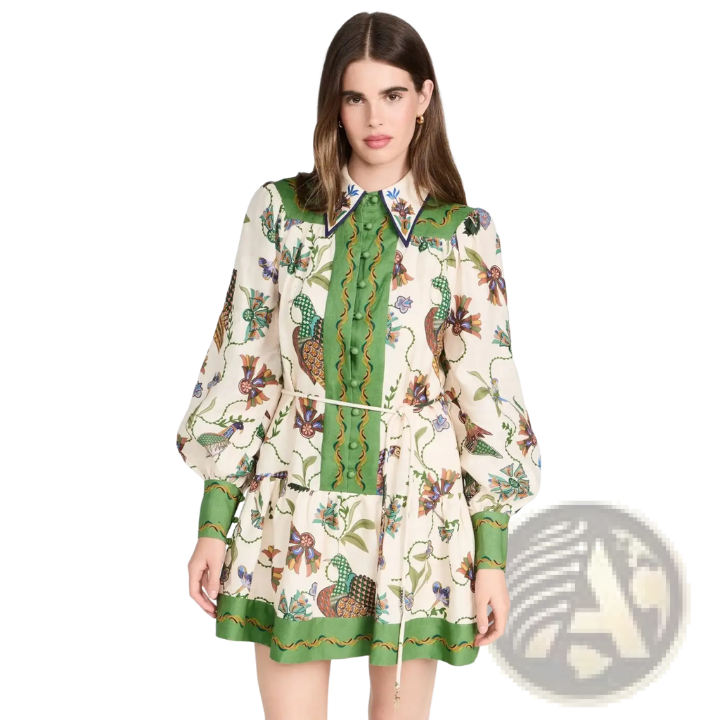 Cream-colored botanical print puff sleeve midi dress with vibrant green collar cuffs and hemline featuring bird floral pattern