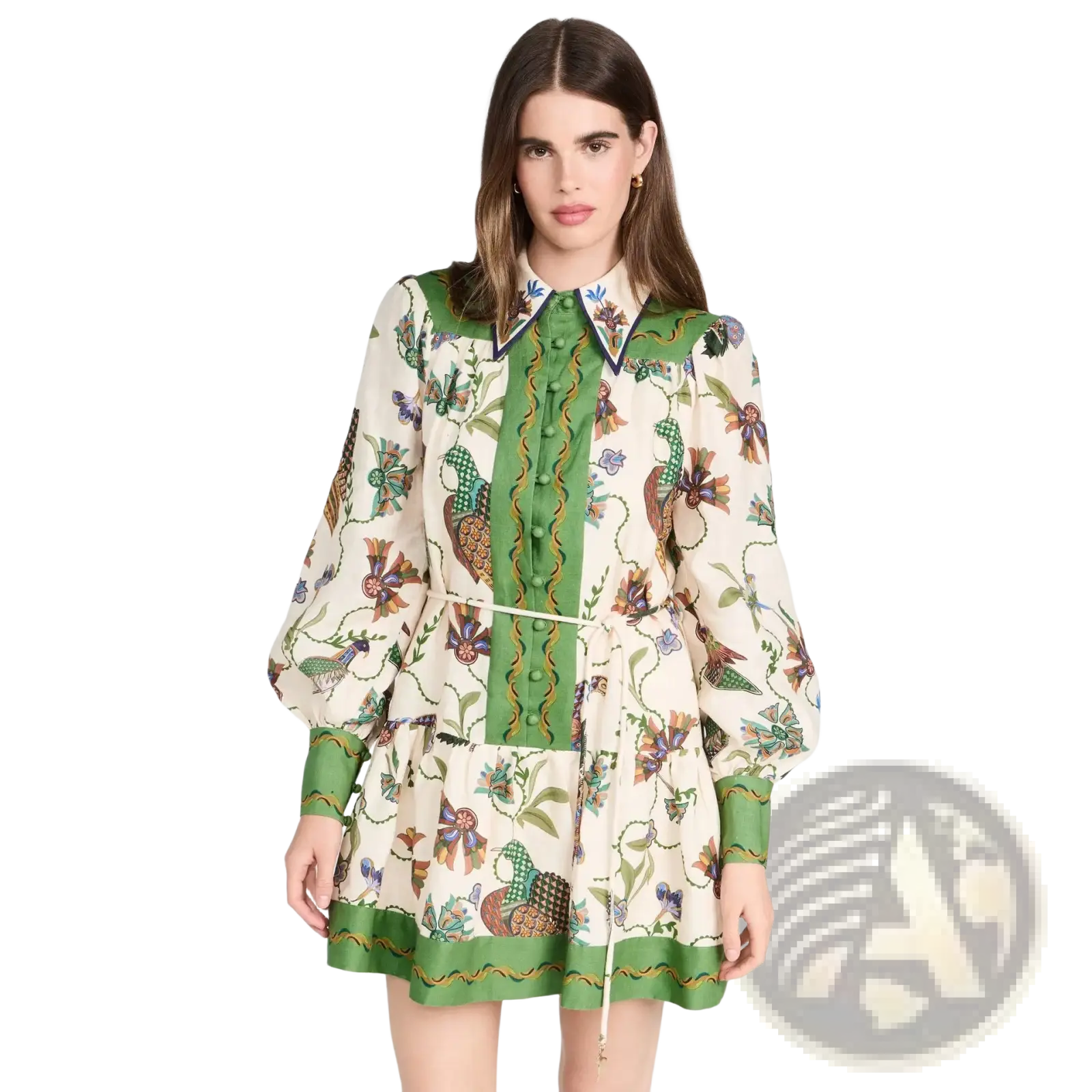 Cream-colored botanical print puff sleeve midi dress with vibrant green collar cuffs and hemline featuring bird floral pattern