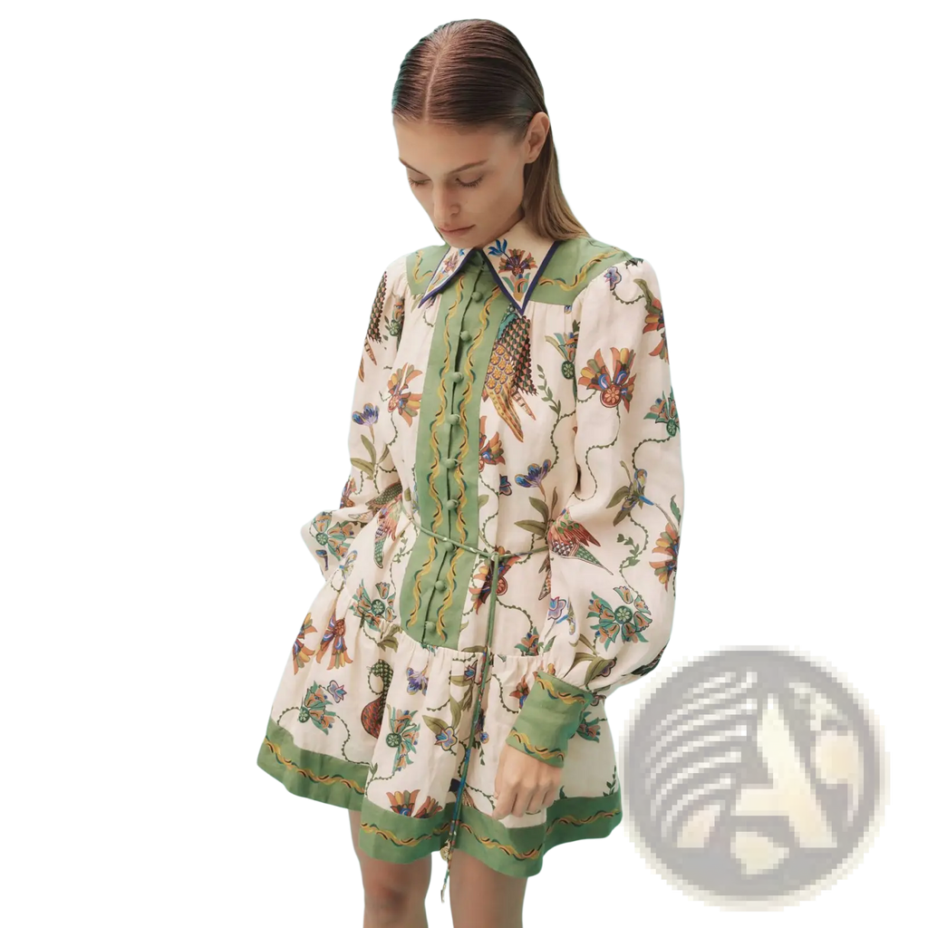 Botanical print puff sleeve midi dress in off-white with vibrant birds flowers vines and sage green contrast trim