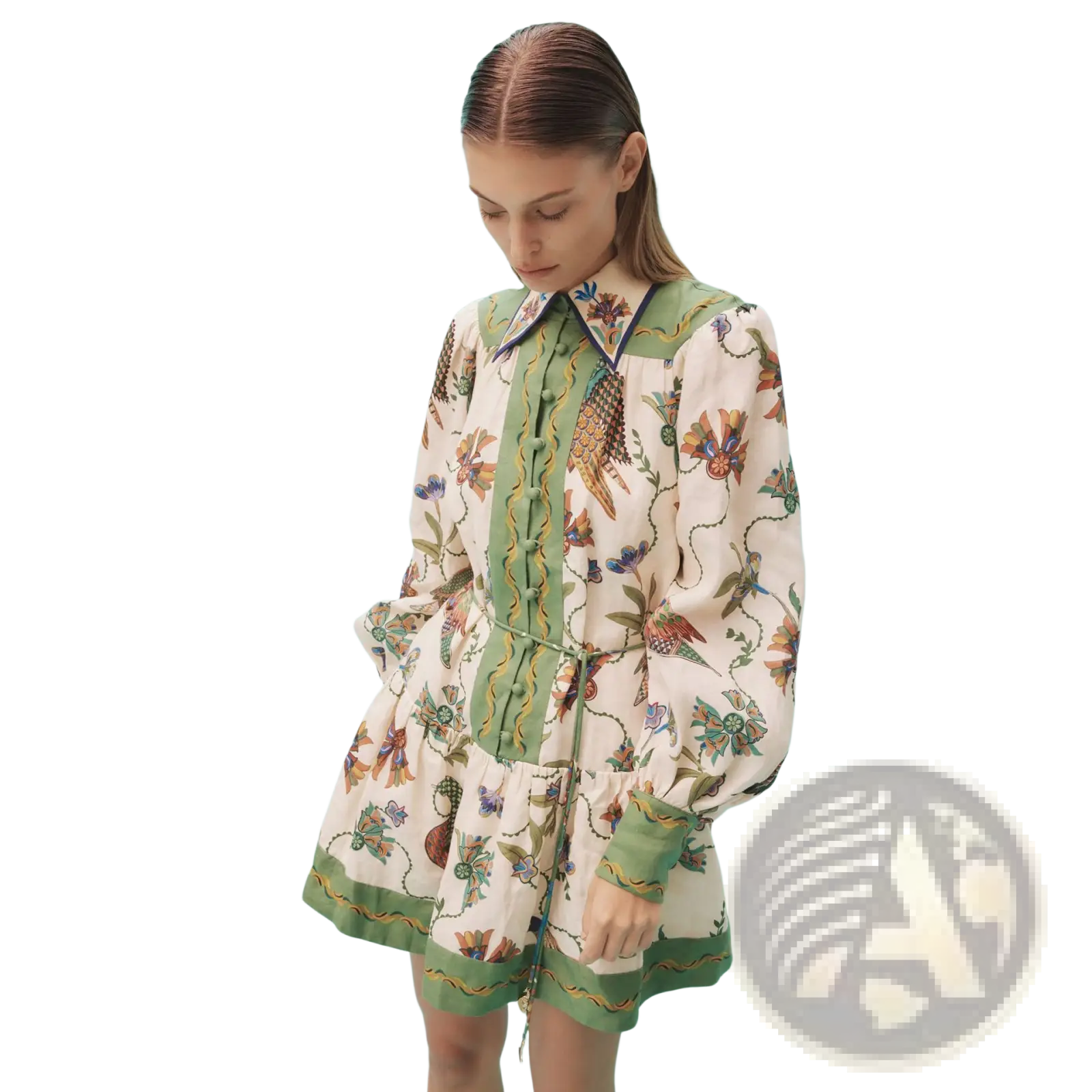 Botanical print puff sleeve midi dress in off-white with vibrant birds flowers vines and sage green contrast trim