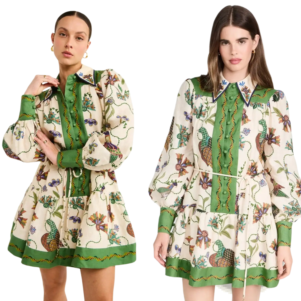 Cream-colored botanical print midi dress with vibrant green and purple print, puff sleeves, buttoned front, and elastic waist