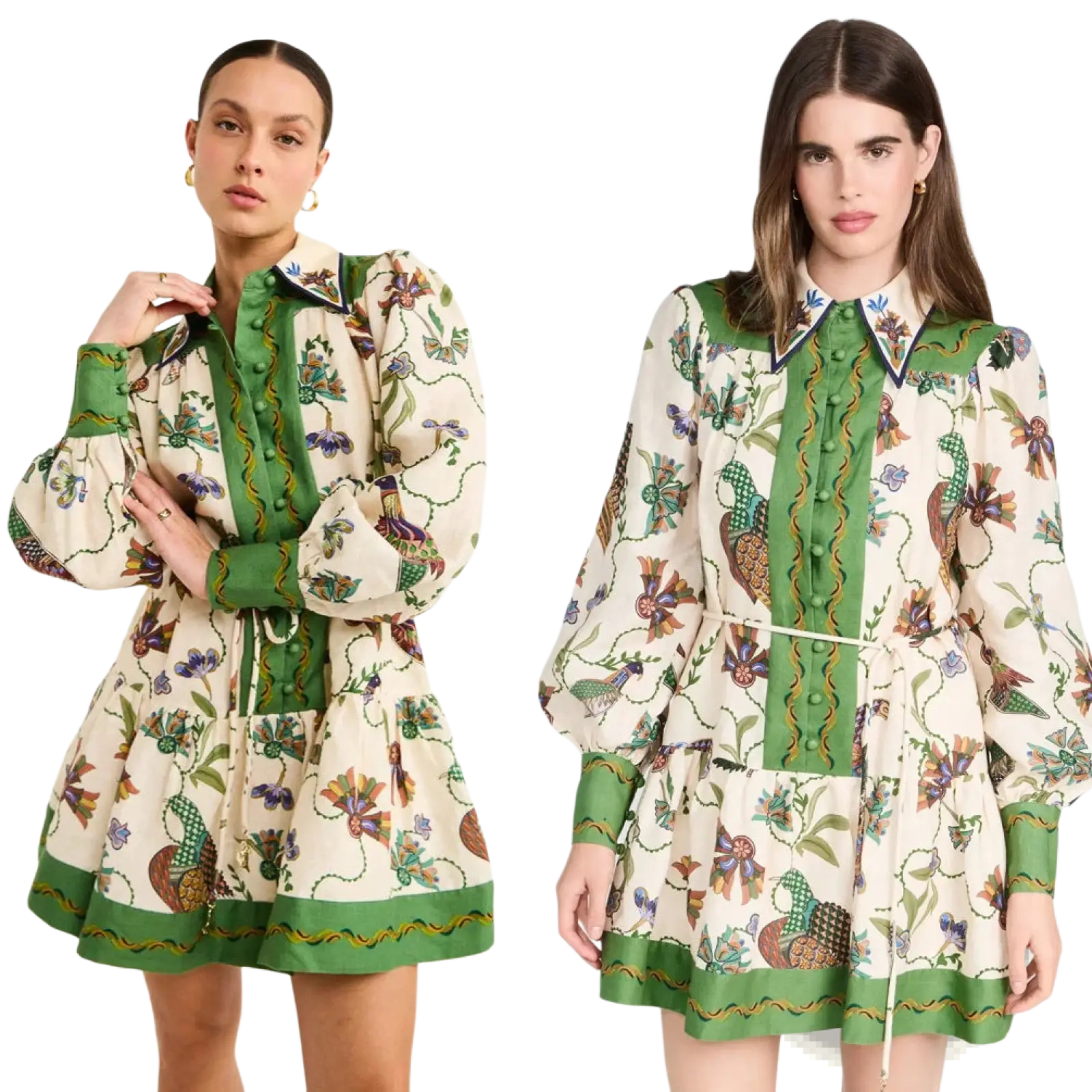 Cream-colored botanical print midi dress with vibrant green and purple print, puff sleeves, buttoned front, and elastic waist