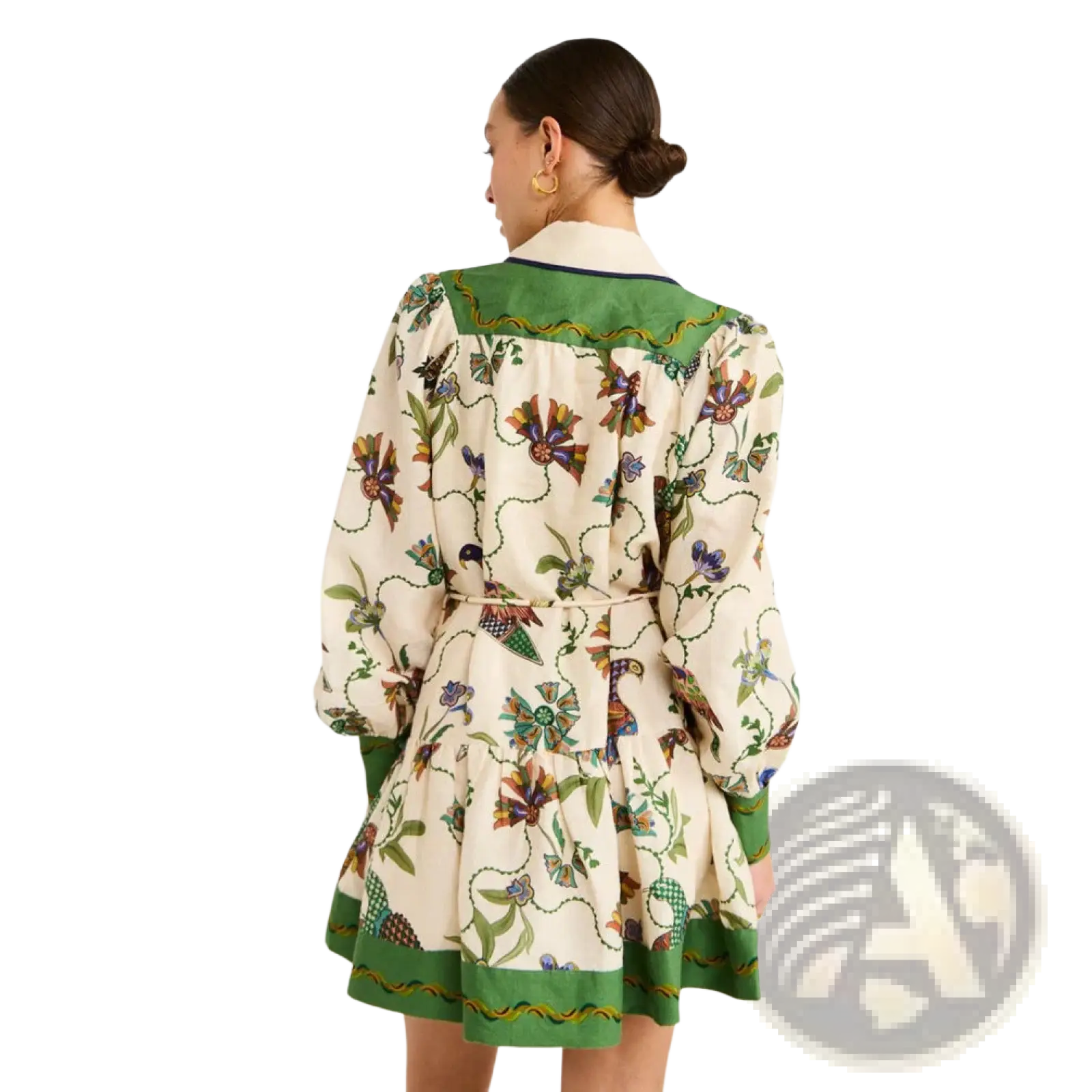 Cream-colored botanical print puff sleeve midi dress with vibrant flowers birds vines and emerald green contrast trim