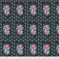 Dark green cotton fabric with retro floral bouquet pattern featuring pink roses light blue and purple flowers