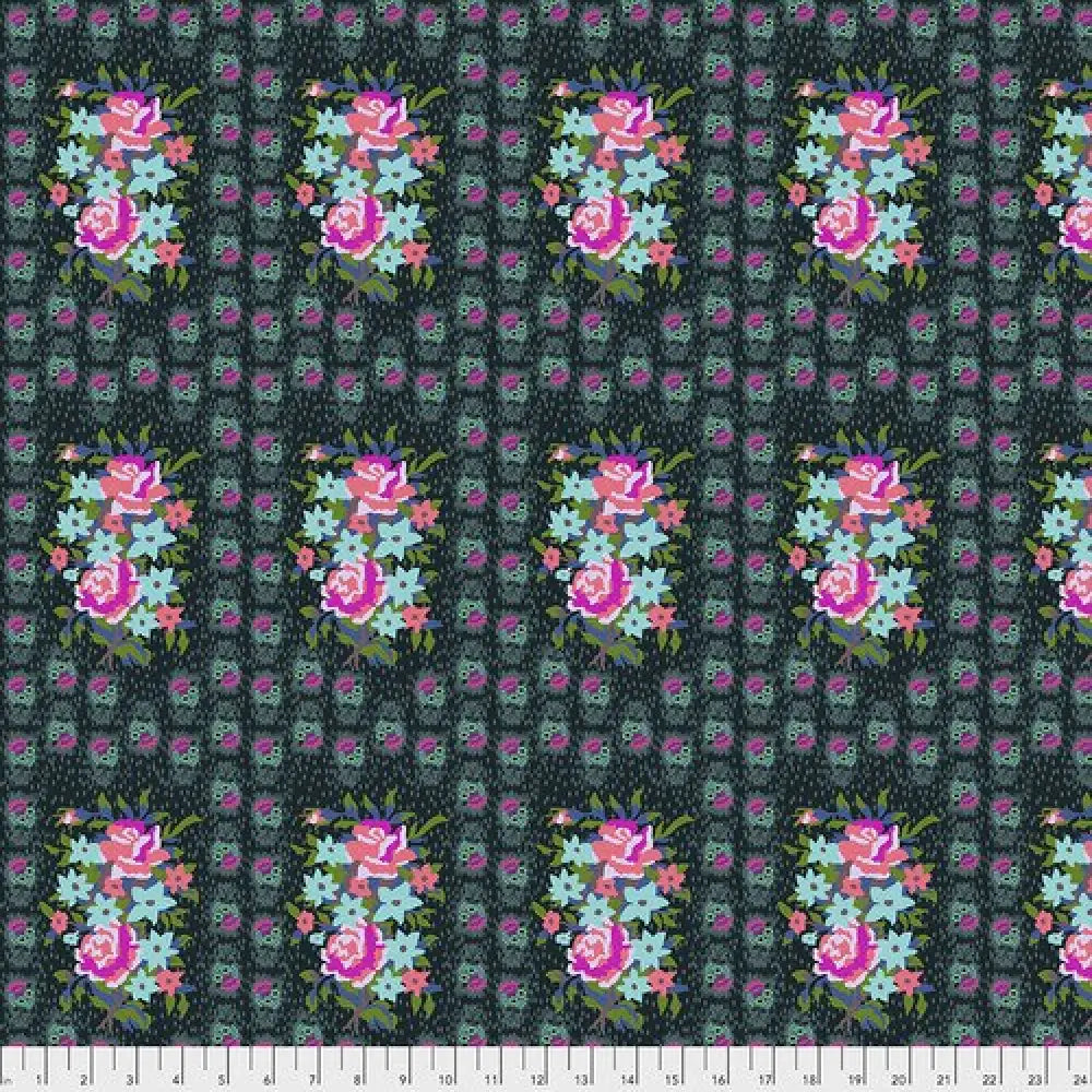 Dark green cotton fabric with retro floral bouquet pattern featuring pink roses light blue and purple flowers