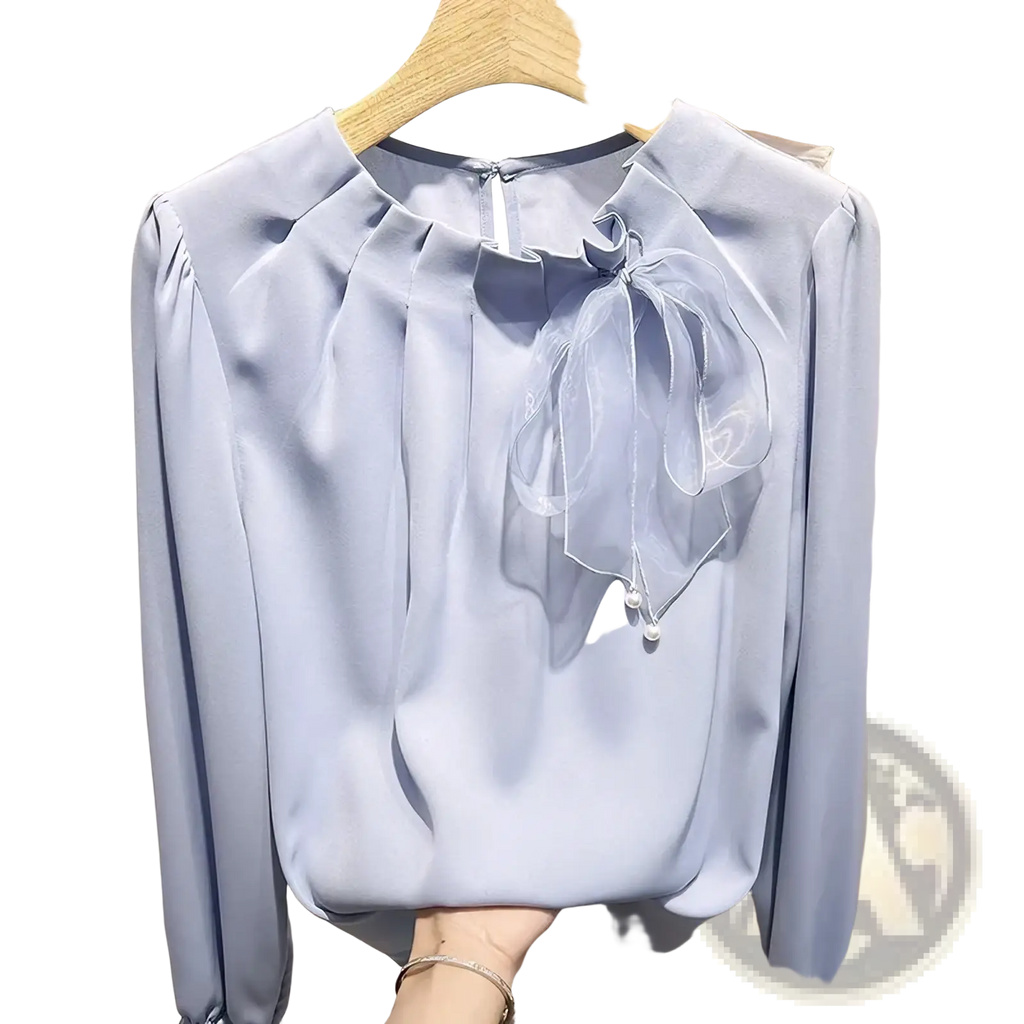 Light blue satin bow chiffon blouse with gathered neckline and sheer organza accent for elegant office wear