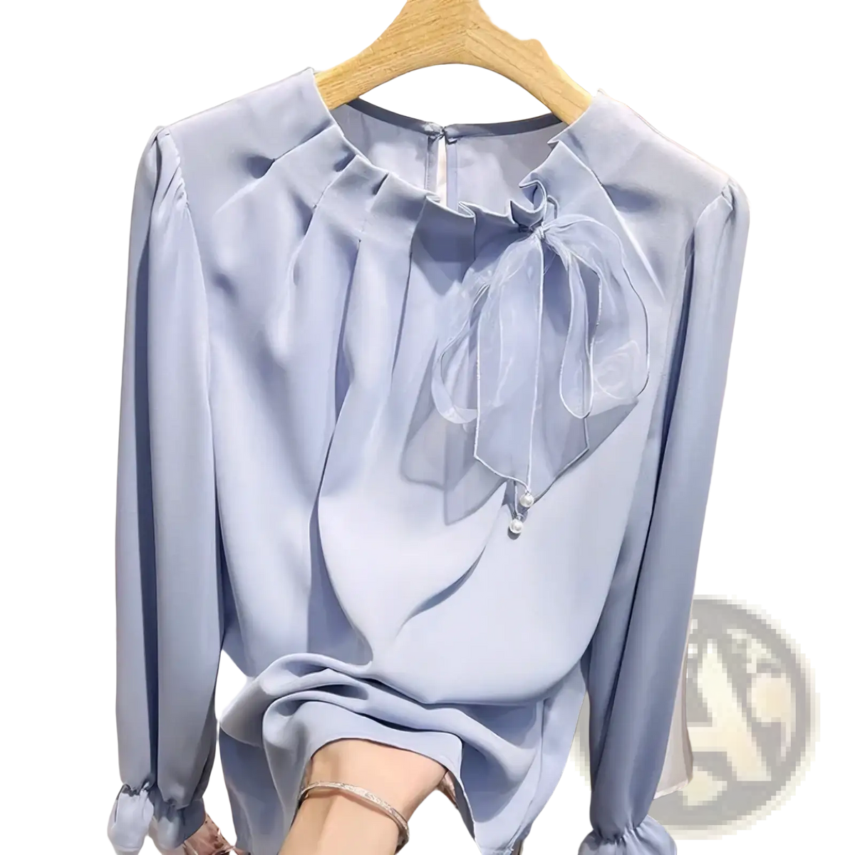 A soft lavender satin bow chiffon blouse with long sleeves ruffled neckline organza bow and pearl accents for office wear