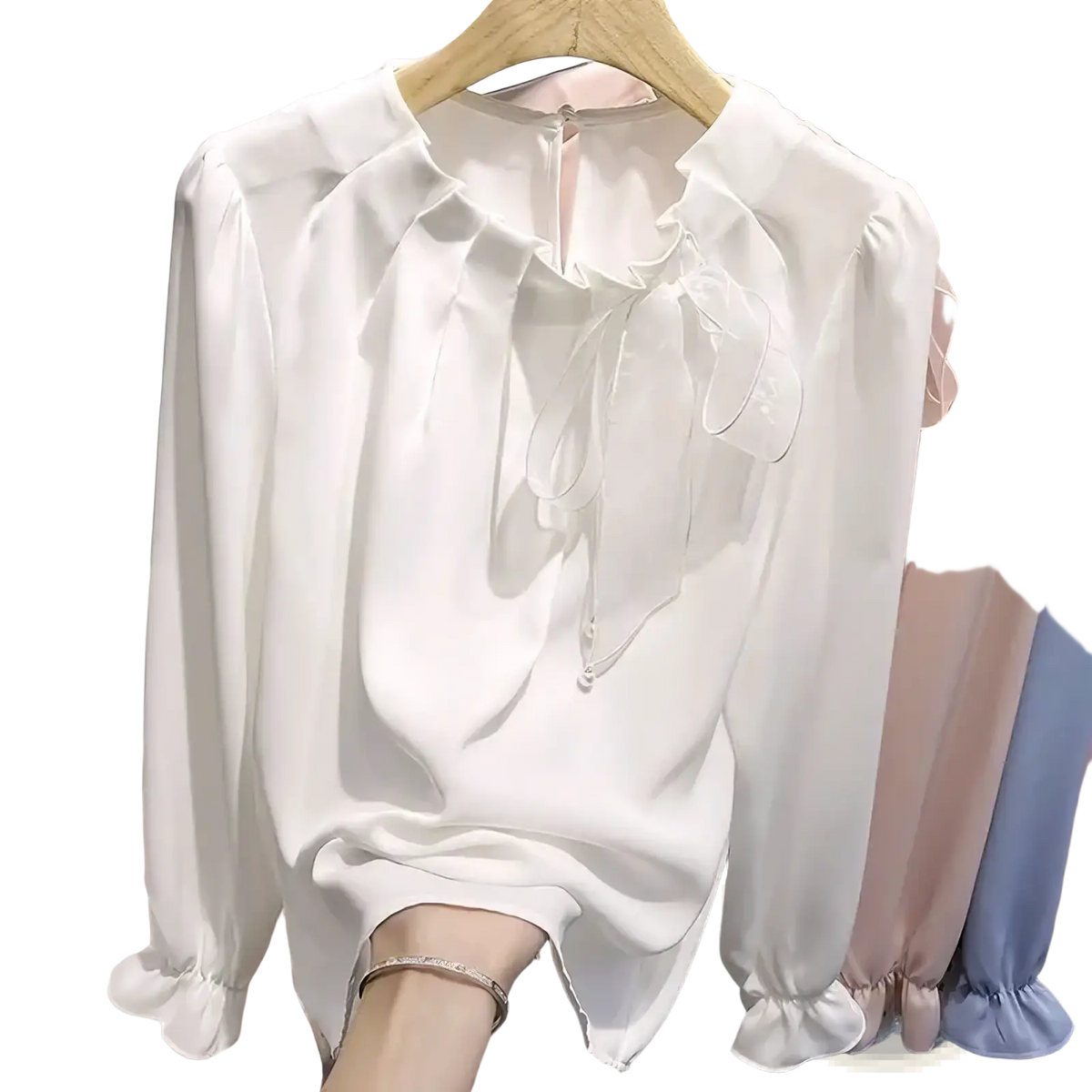 White satin bow chiffon blouse with long sleeves and delicate bow neckline elegant office shirt