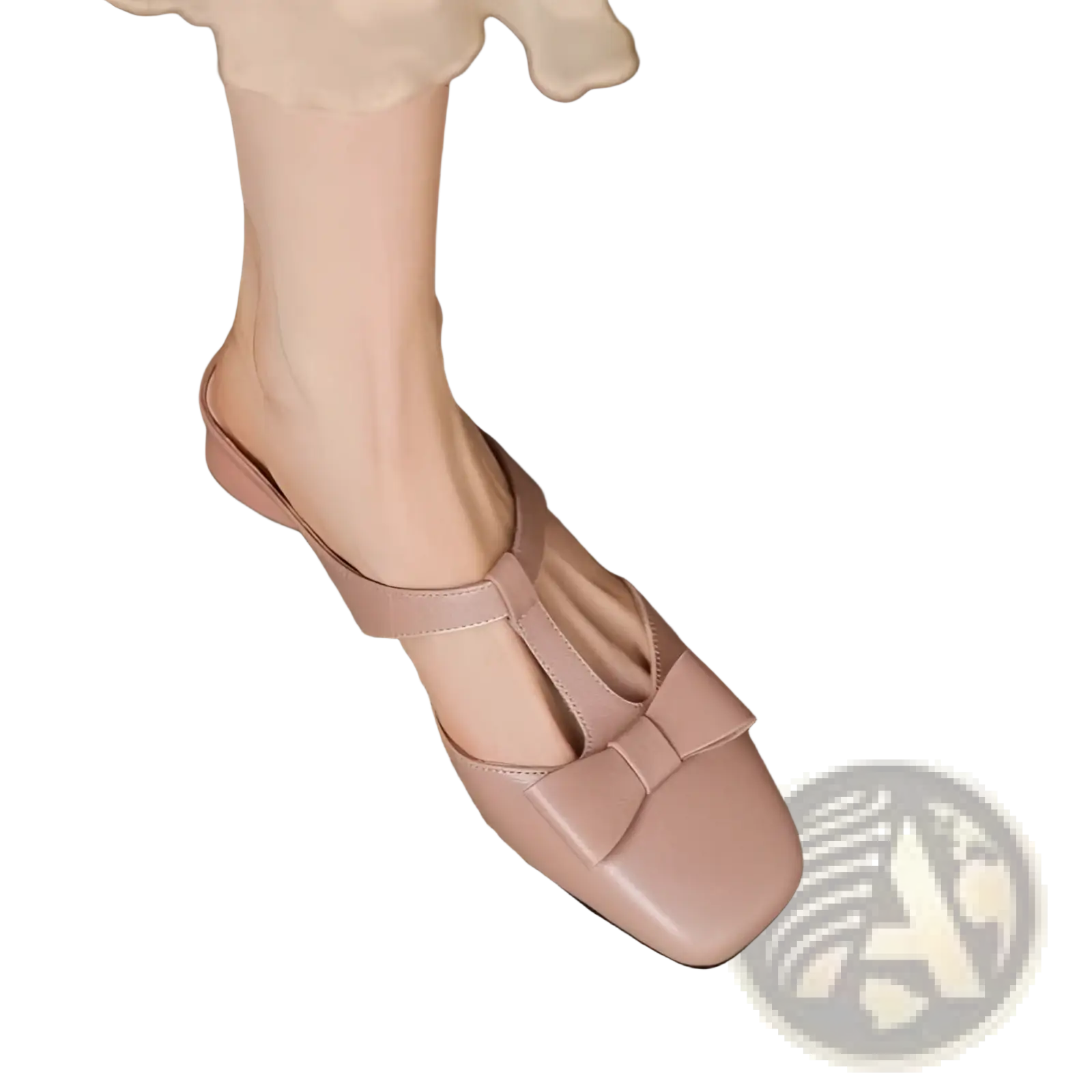 Beige leather bow closed toe mule flats for women featuring a square toe and decorative bow on the vamp