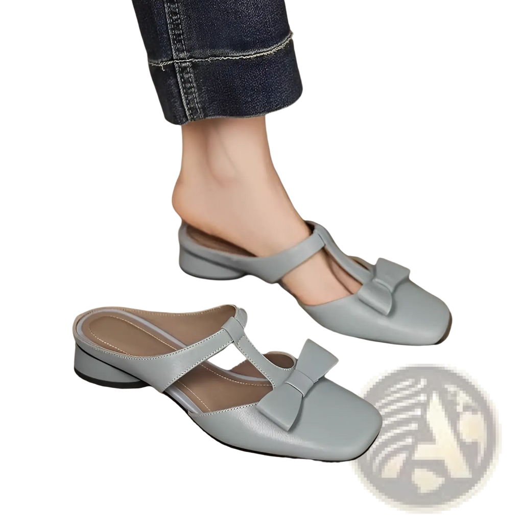 Light gray leather mule flats for women with square toe and decorative bow on the front