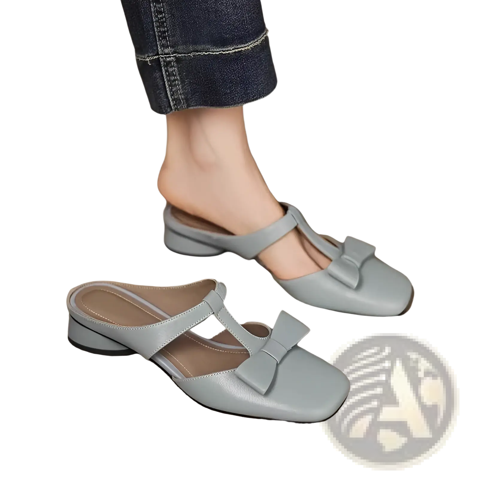 Light gray leather mule flats for women with square toe and decorative bow on the front