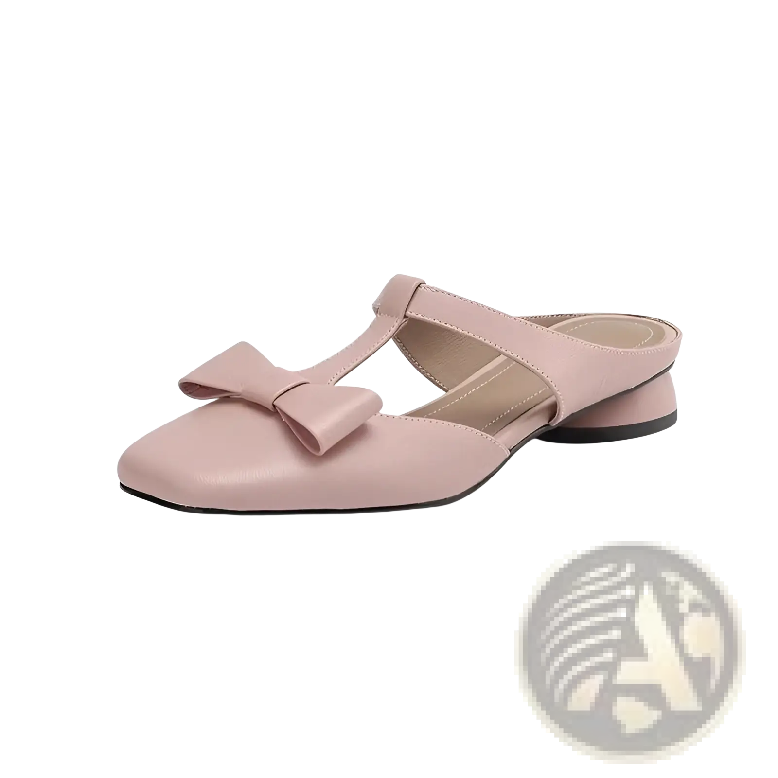 A soft pink leather closed toe mule flat for women featuring a square toe and decorative bow on the instep
