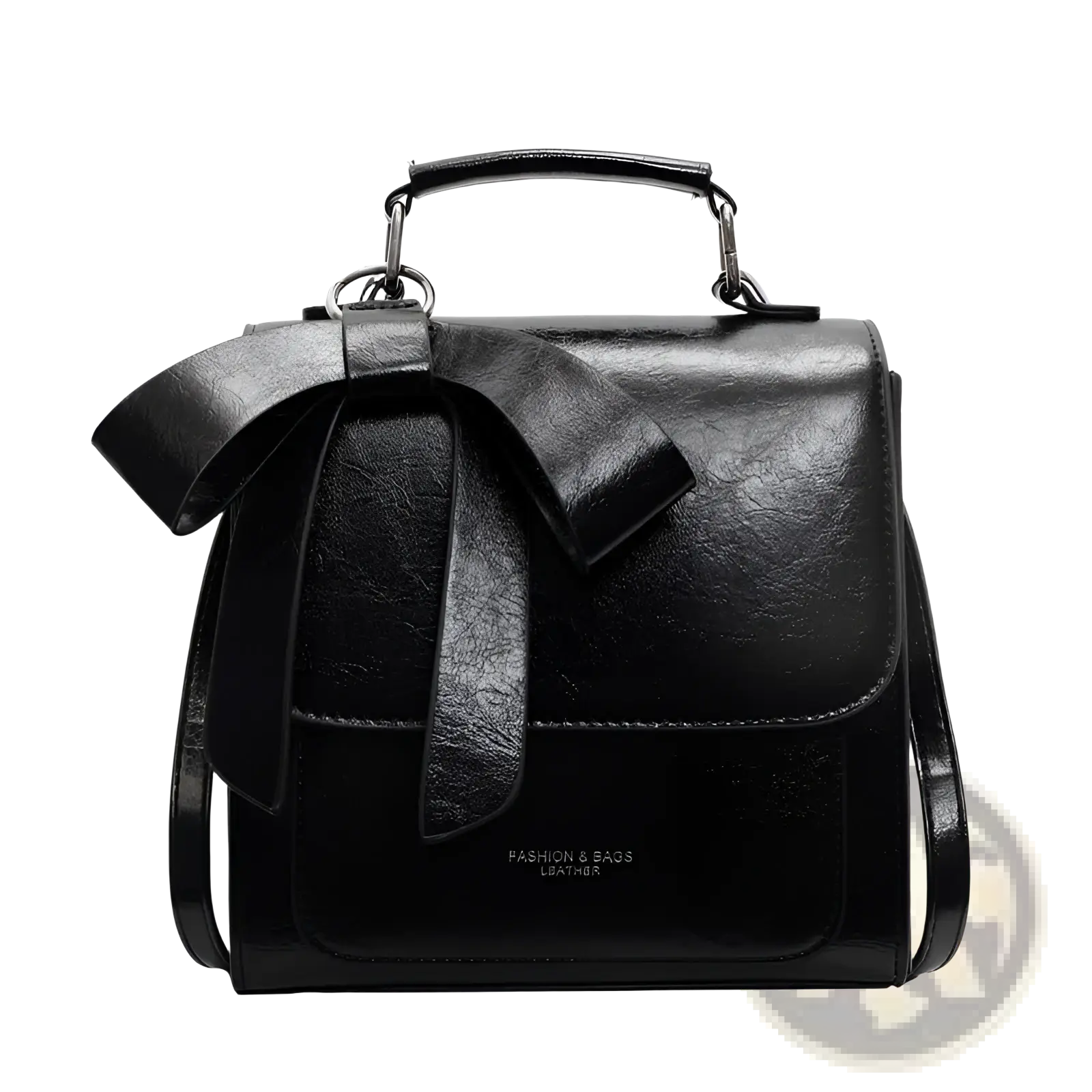 Black faux leather bow crossbody bag with silver toned hardware featuring a prominent front bow detail