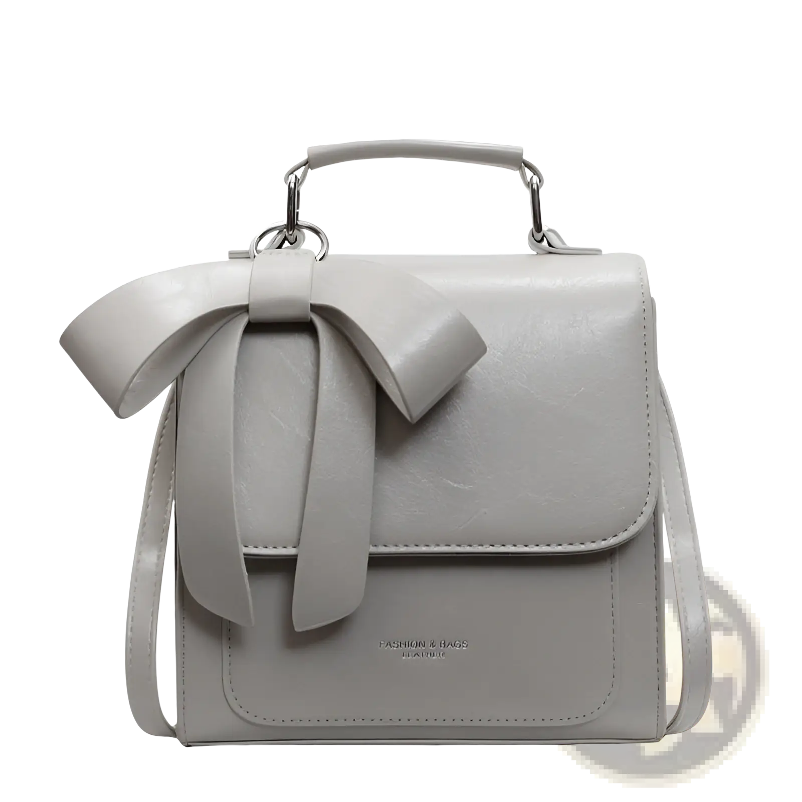 Gray faux leather crossbody bag with a prominent bow on the front designed as a stylish fashion handbag
