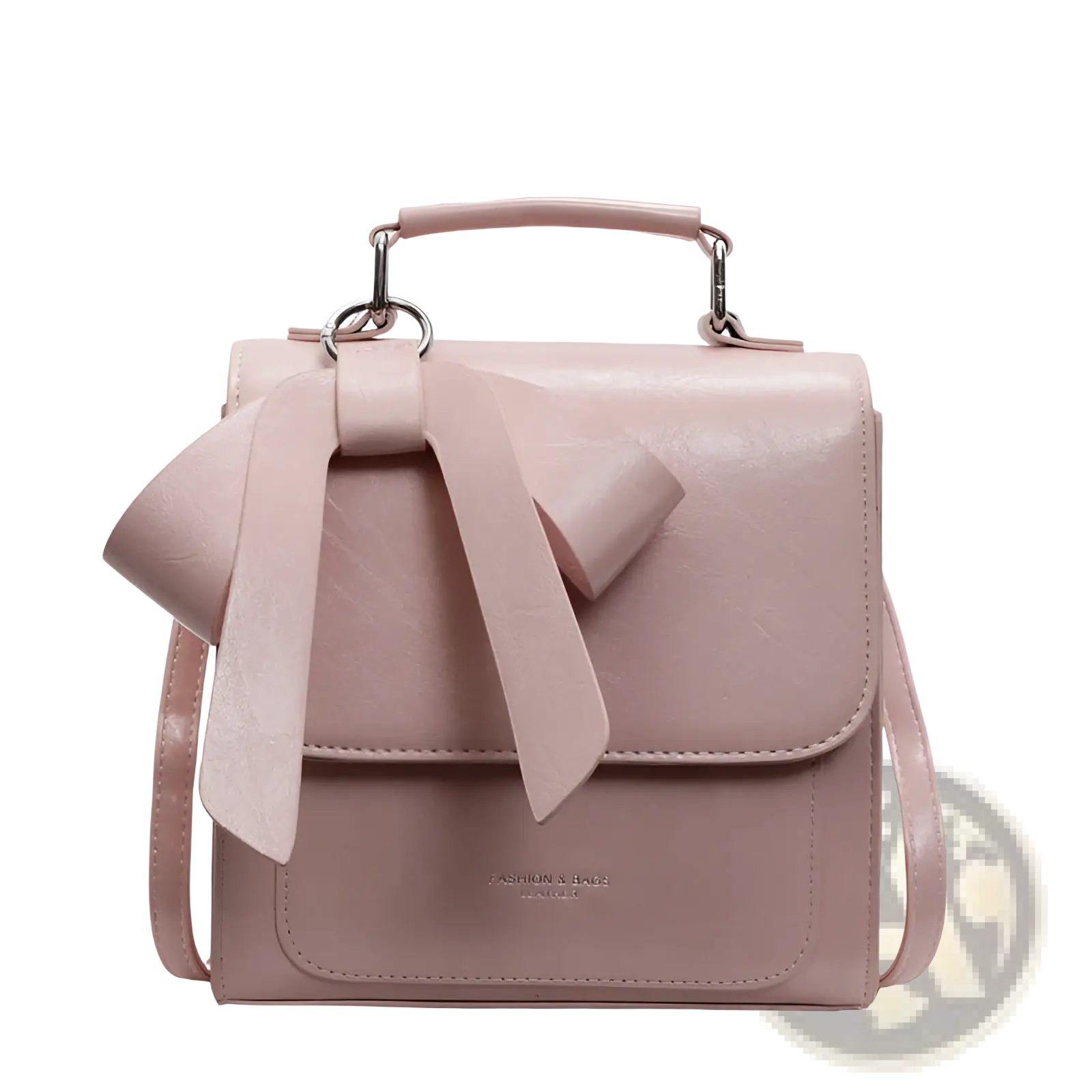 A soft pink faux leather bow crossbody bag featuring a prominent bow and a top handle