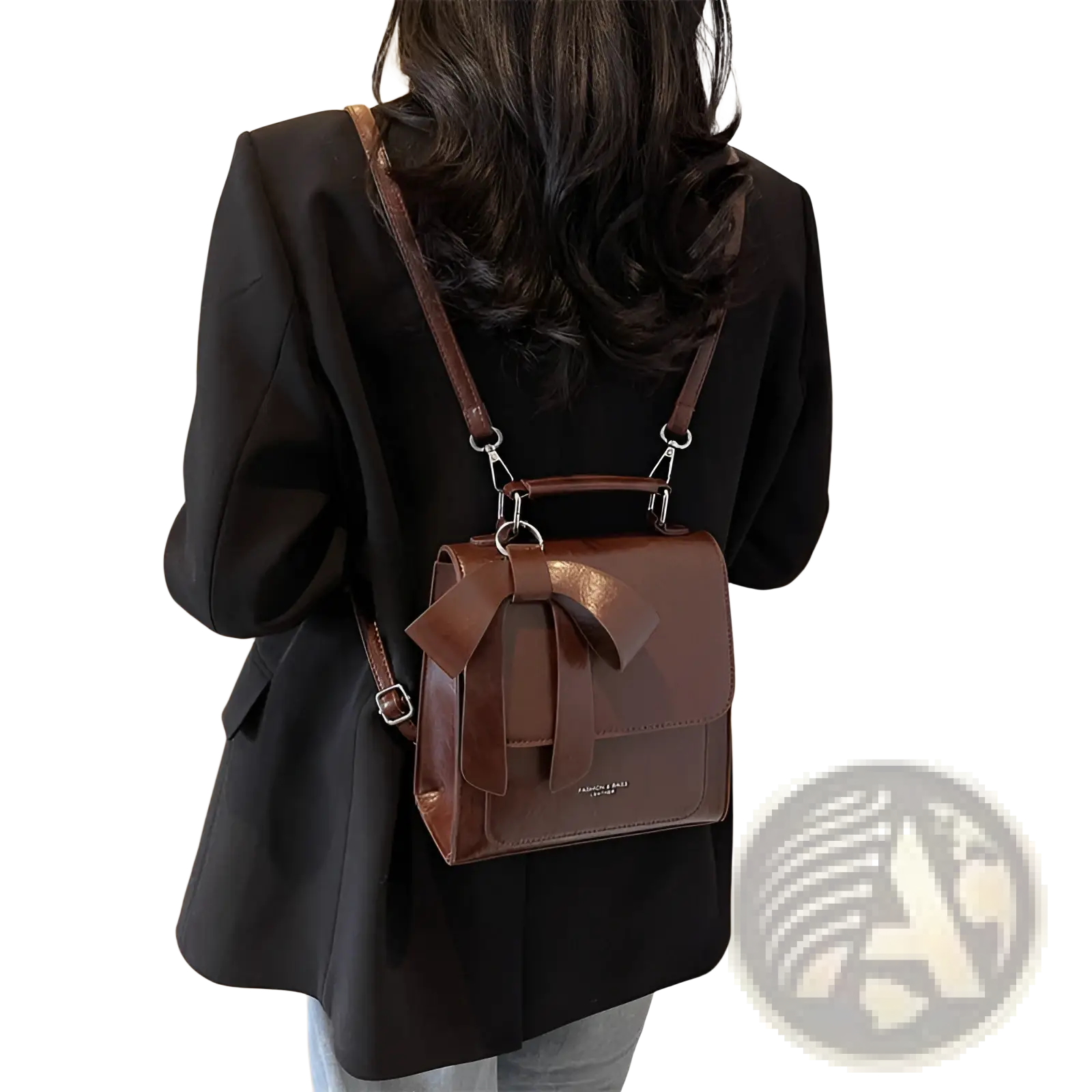 Brown leather bow crossbody bag made of faux leather featuring a prominent bow on the front for fashion use