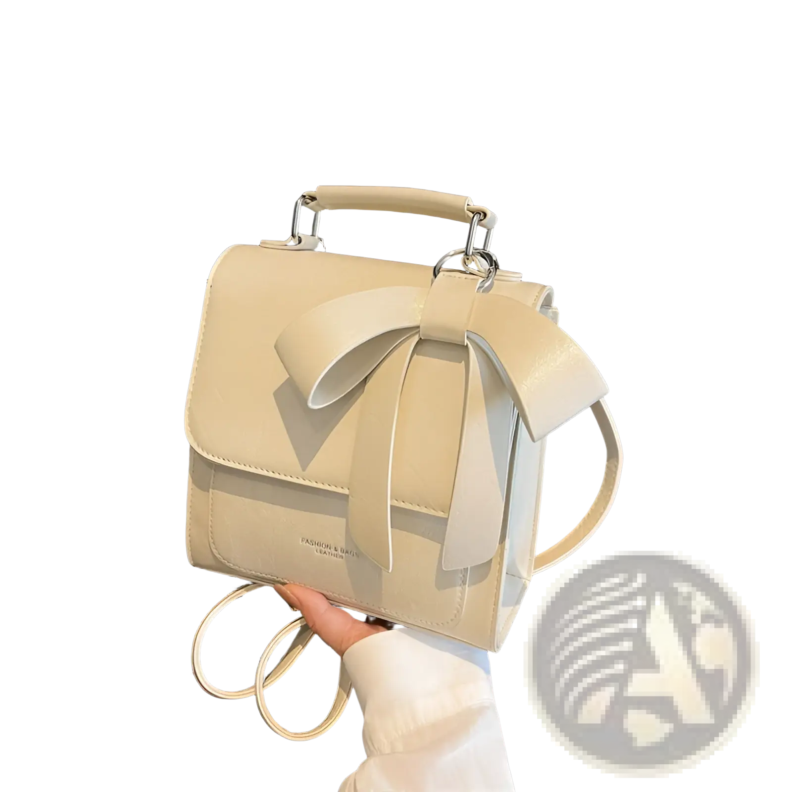 Cream-colored faux leather bow crossbody bag with prominent bow detail and silver-toned hardware