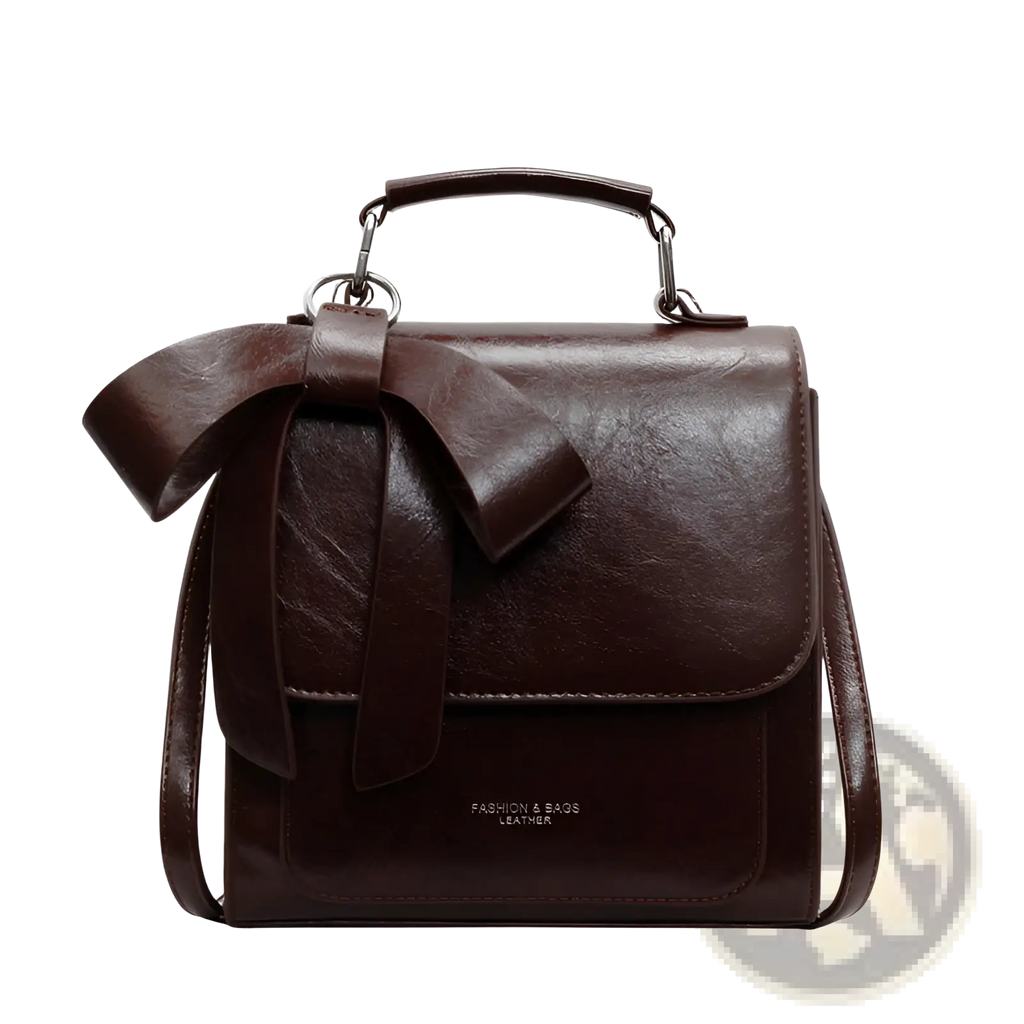 A dark brown faux leather bow crossbody bag with a prominent front bow and top handle for fashion use