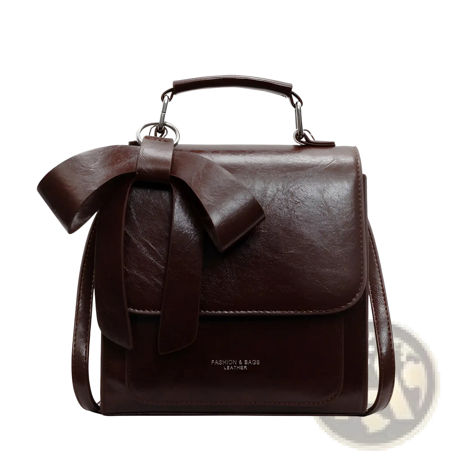 A dark brown faux leather bow crossbody bag with a prominent front bow and top handle for fashion use
