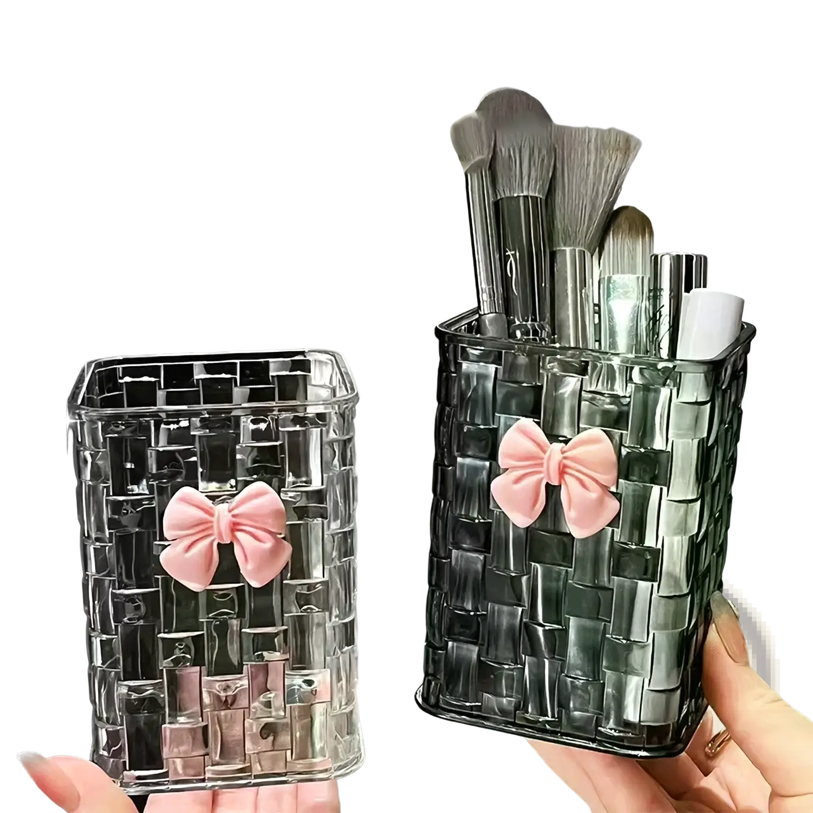 Clear and black woven mesh bow pen holder desktop storage organizers with soft pink satin bows for makeup brushes