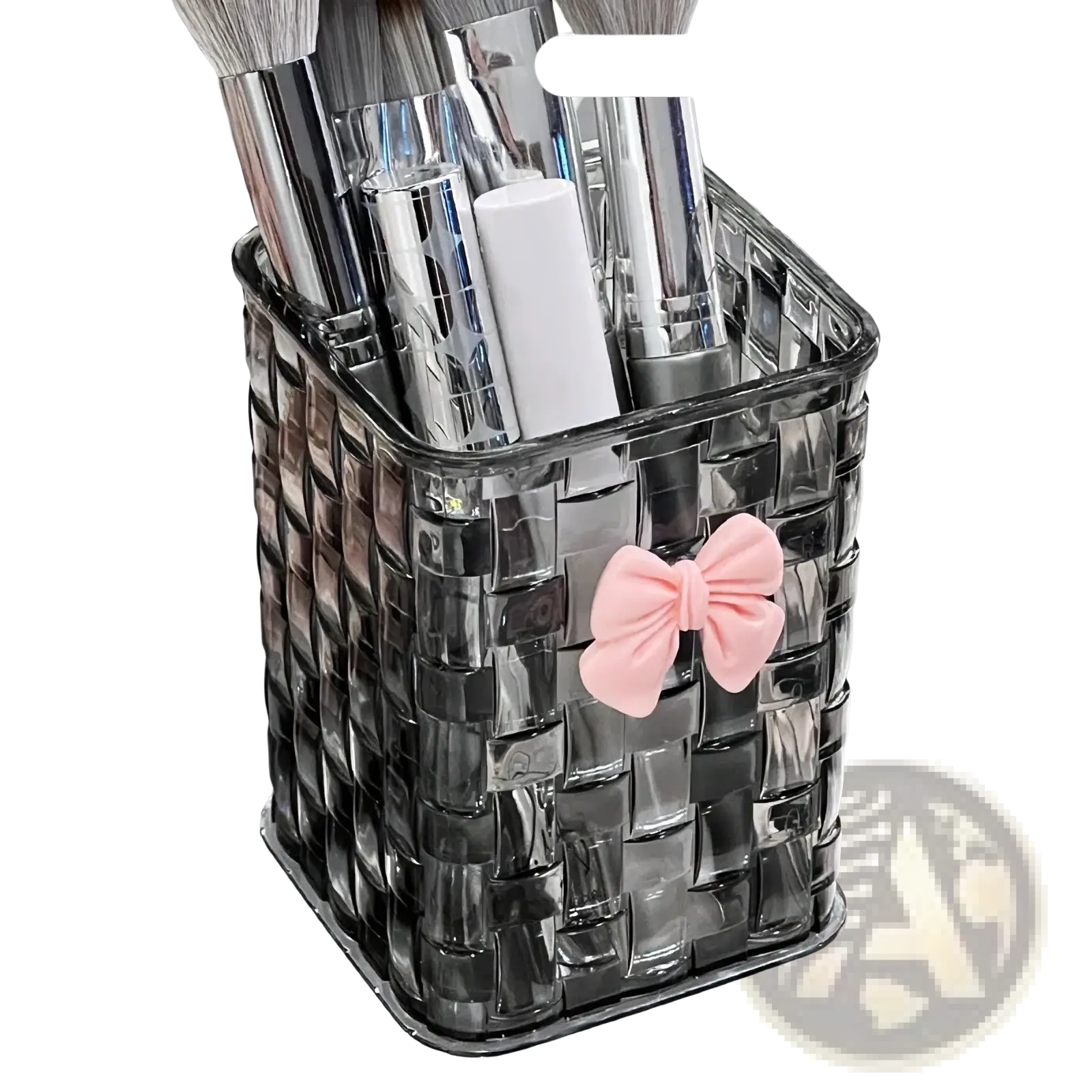 Transparent black woven plastic makeup brush holder with pink bow accent for desktop storage organizer