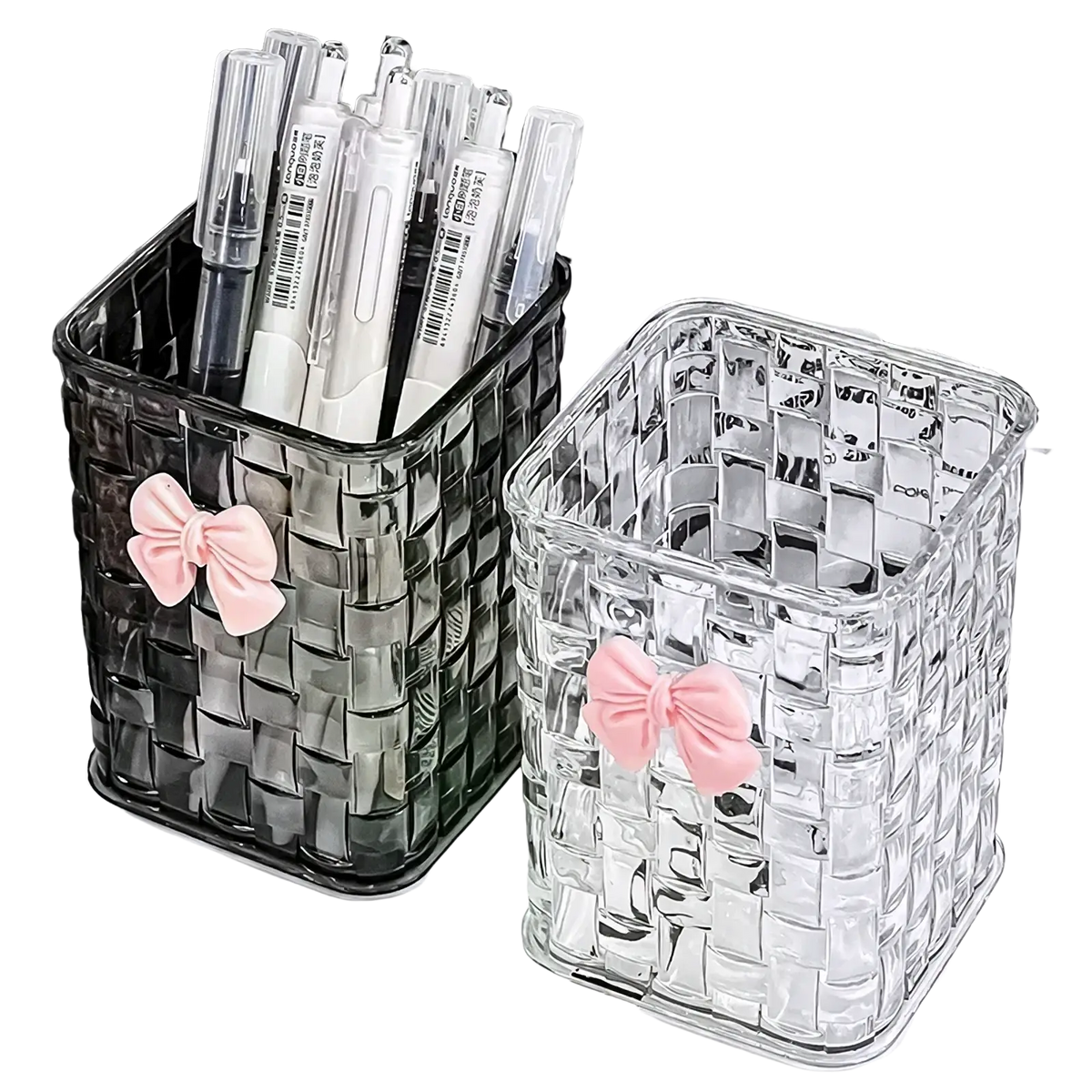 Two transparent woven plastic bow pen holders with pink bow decorations for desktop storage organizer