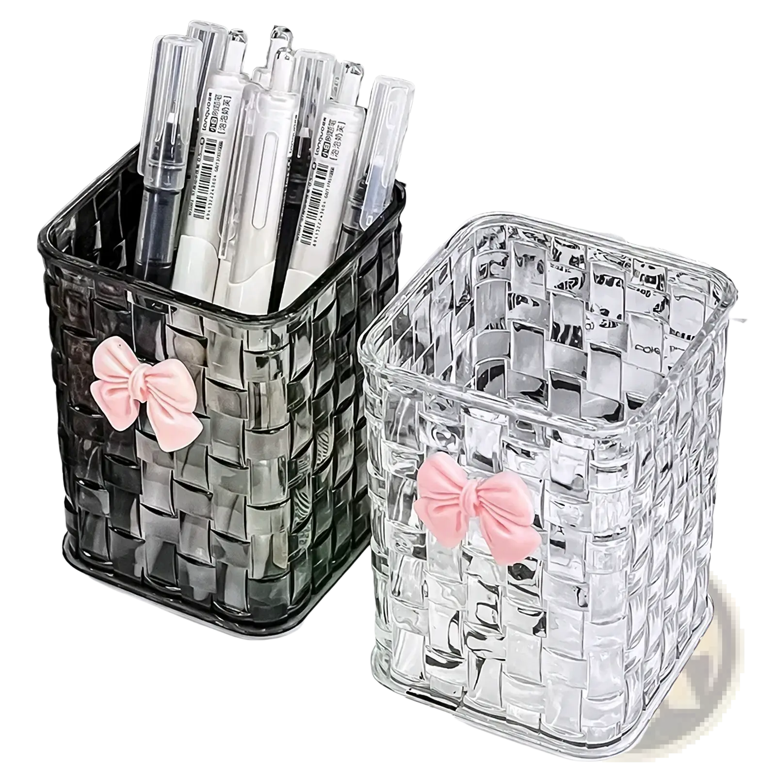 Two transparent woven plastic bow pen holders with pink bow decorations for desktop storage organizer