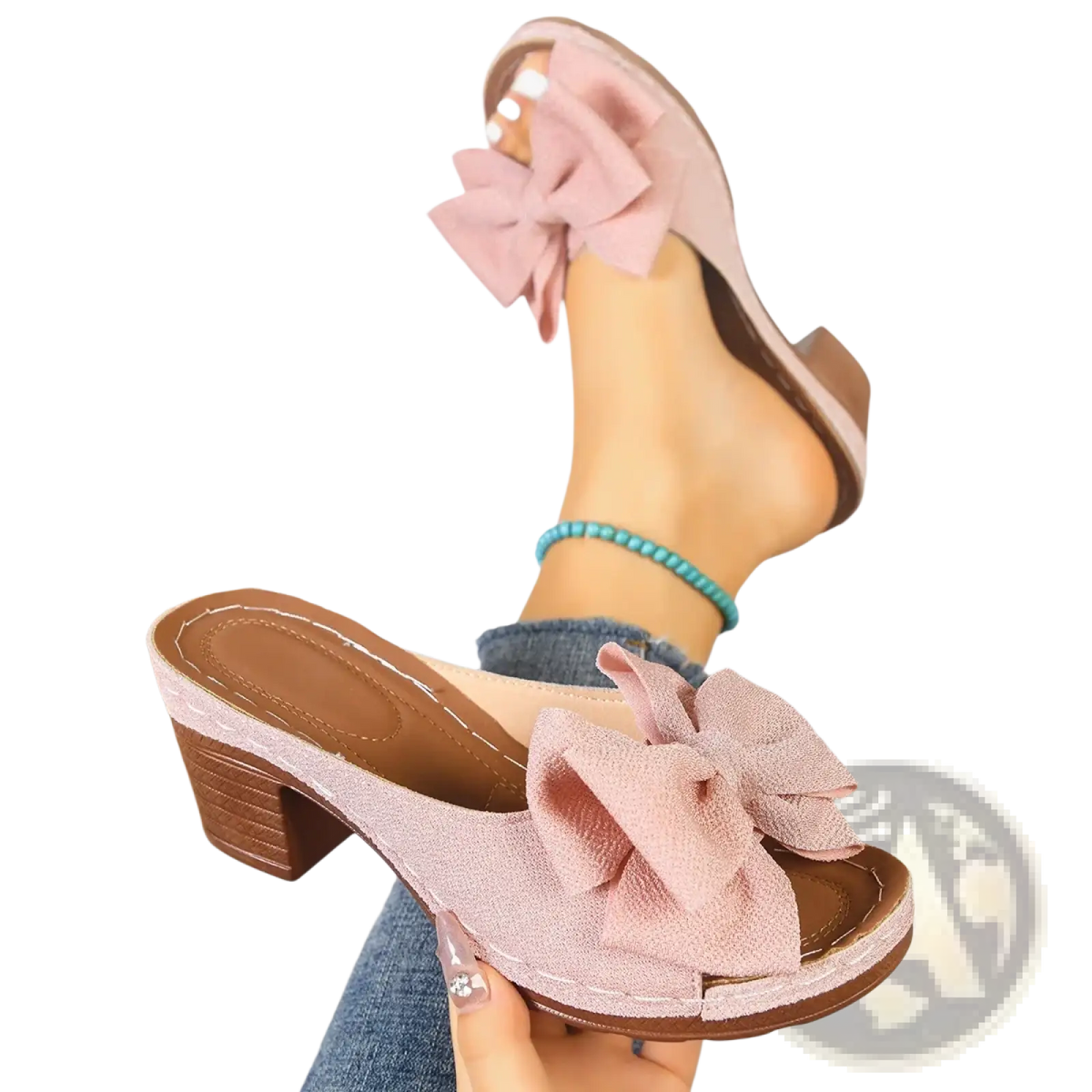 Pink glittery bow-adorned bow platform mules block heel sandals with brown block heel for stylish wear