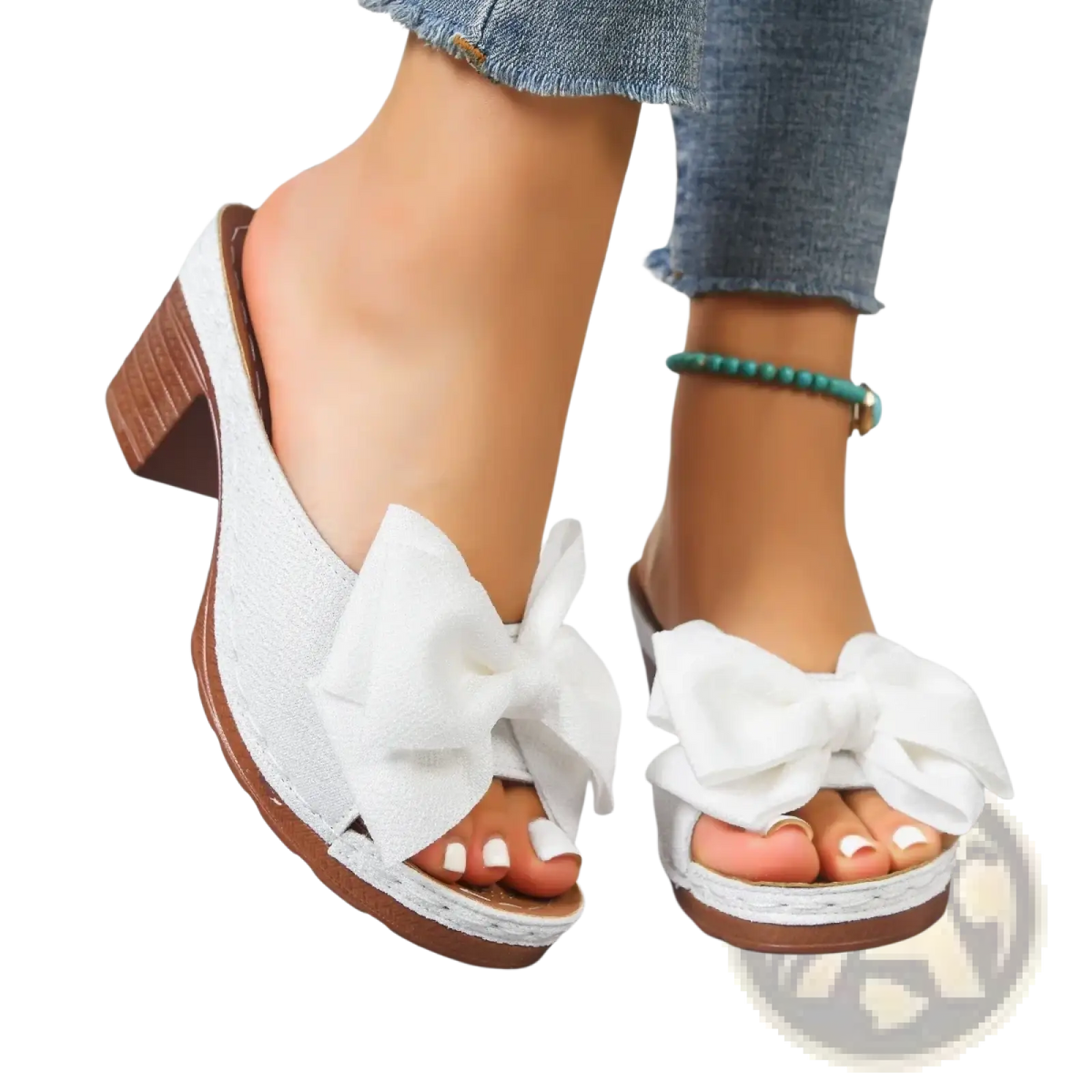 White fabric bow-adorned mule sandals with brown wooden block heel and platform sole for stylish wear
