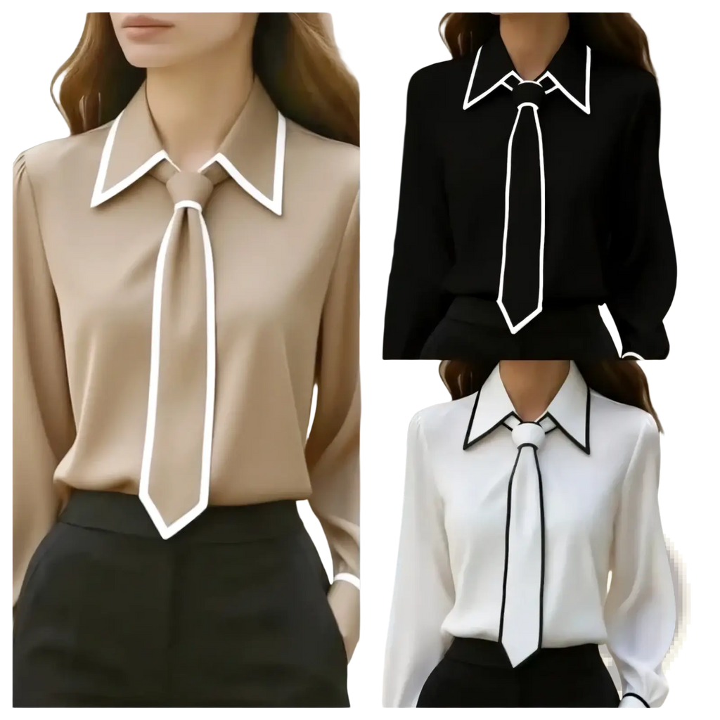 Beige black and white long-sleeved office blouse with a bow tie collar detail suitable for workwear