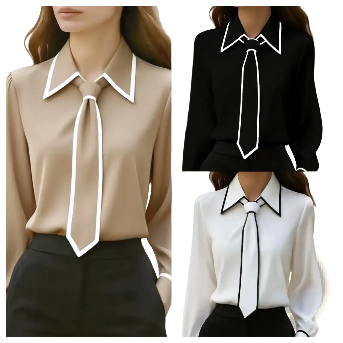 Beige black and white long-sleeved office blouse with a bow tie collar detail suitable for workwear