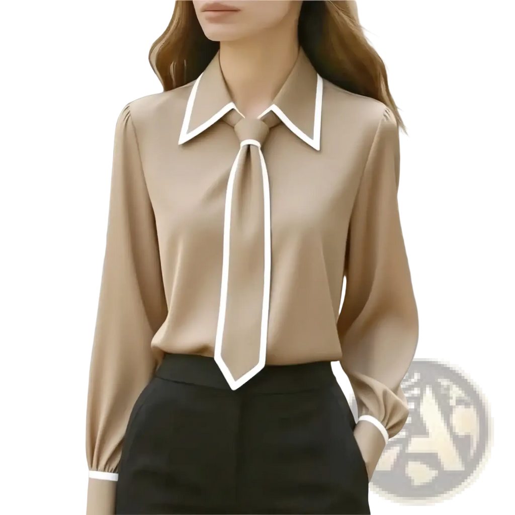 Beige satin bow tie office blouse in long sleeve workwear style with white contrast trim on collar and cuffs