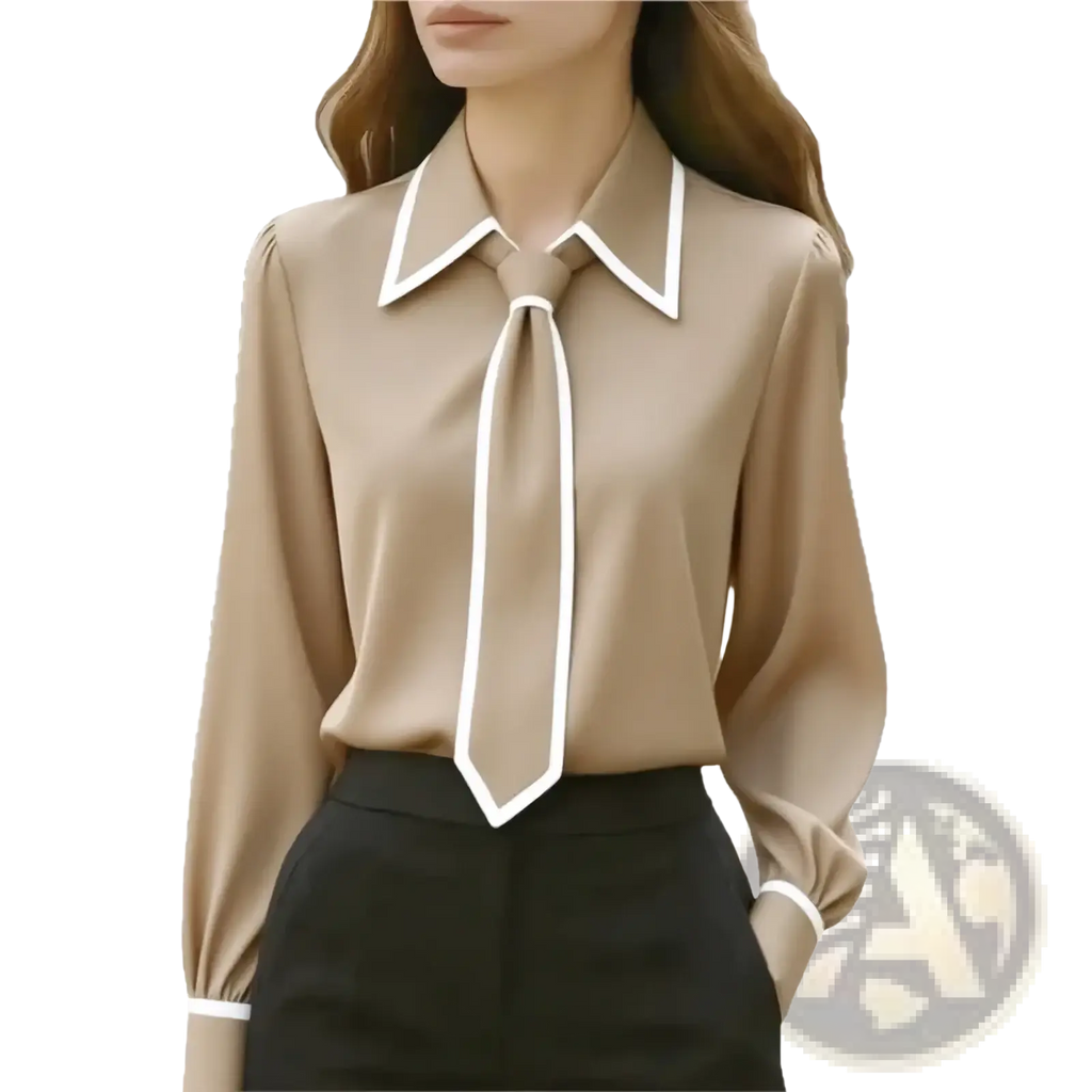 Beige satin bow tie office blouse with white trim on collar and cuffs long sleeve workwear top with tie front design