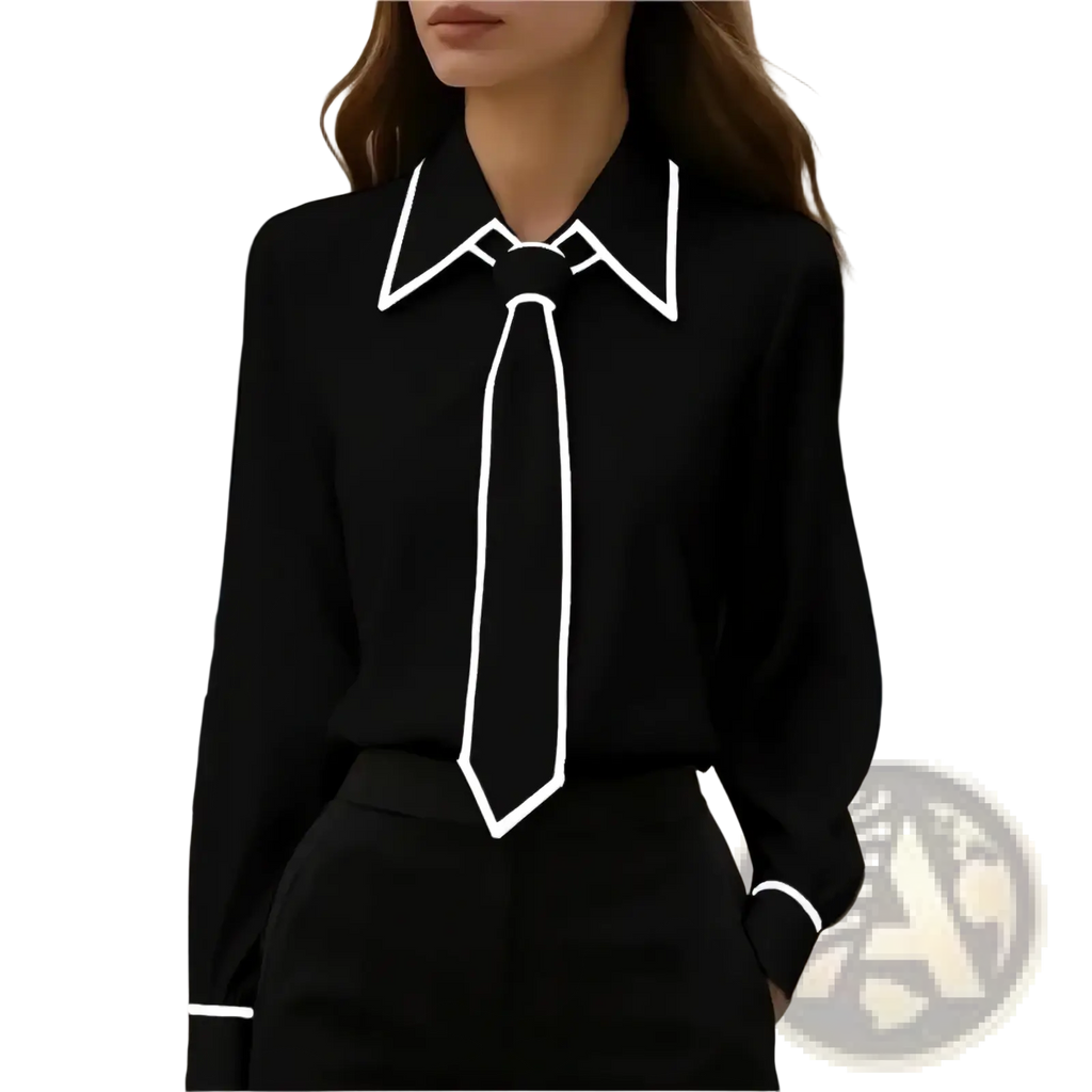 Black long-sleeved bow tie office blouse with white piping on collar, front tie, and cuffs for workwear use