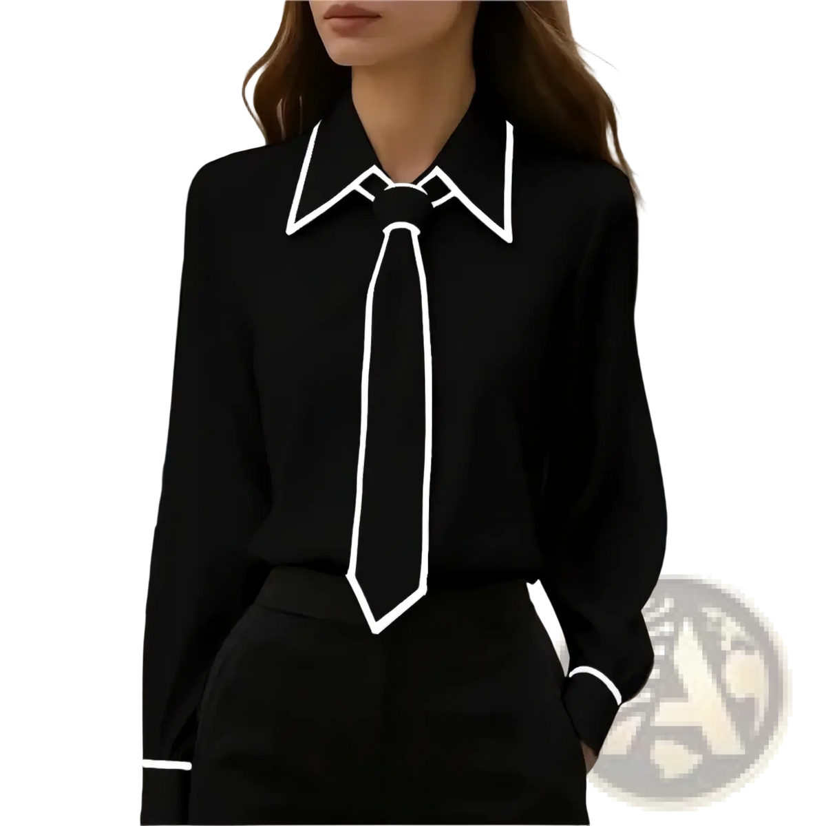 Black long-sleeved bow tie office blouse with white piping on collar, front tie, and cuffs for workwear use