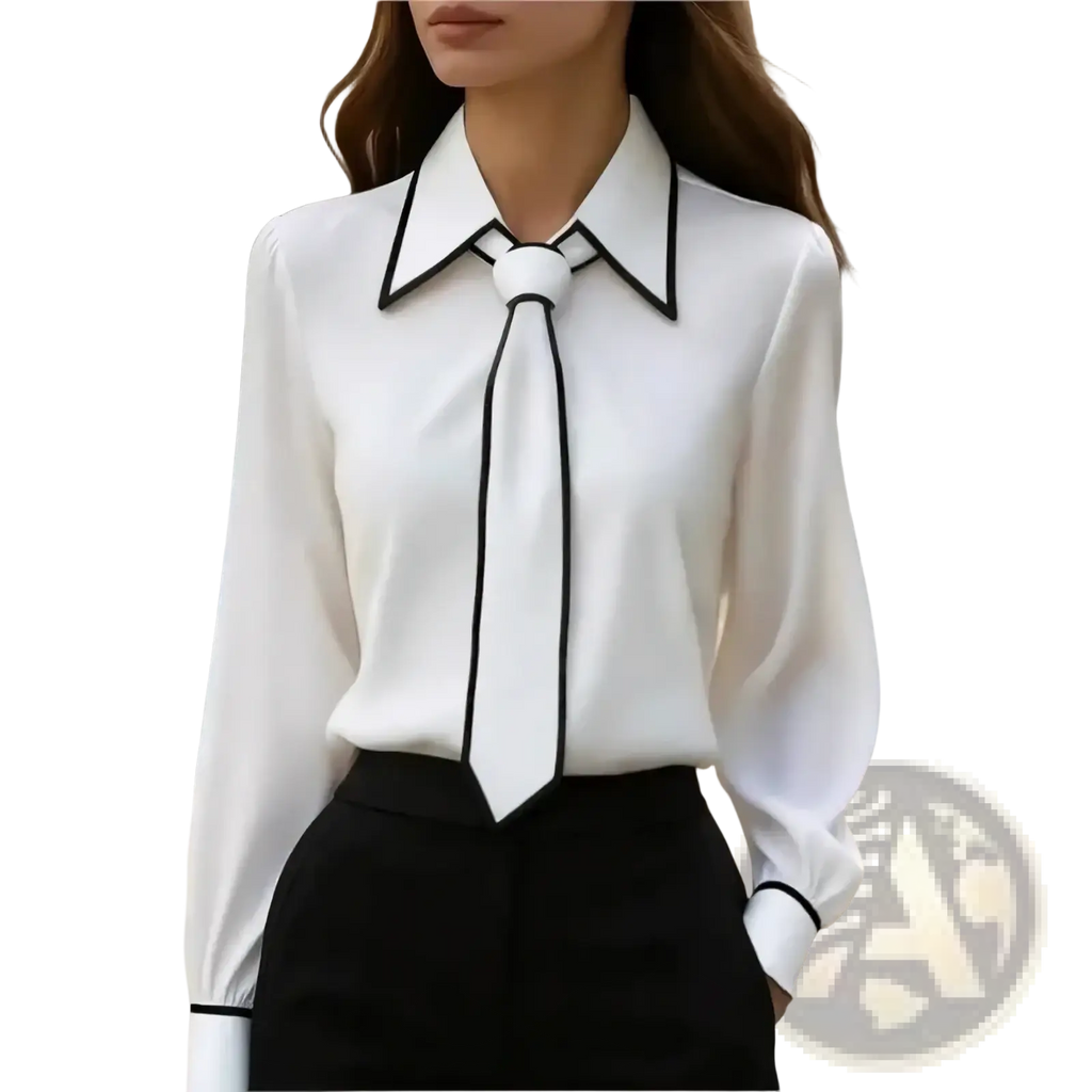 White blouse with black trim and tie-front design long sleeve office workwear top for professional attire