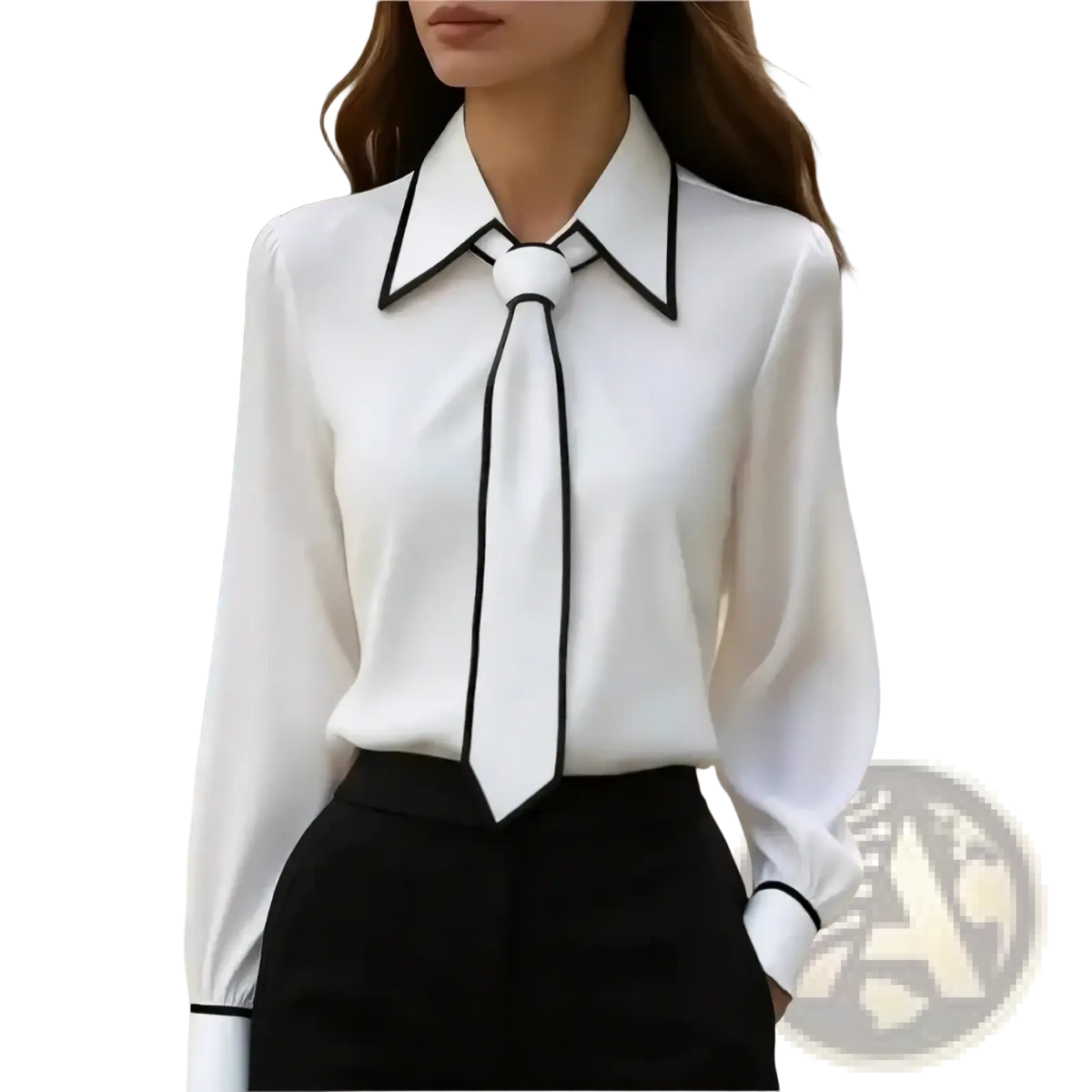 White blouse with black trim and tie-front design long sleeve office workwear top for professional attire