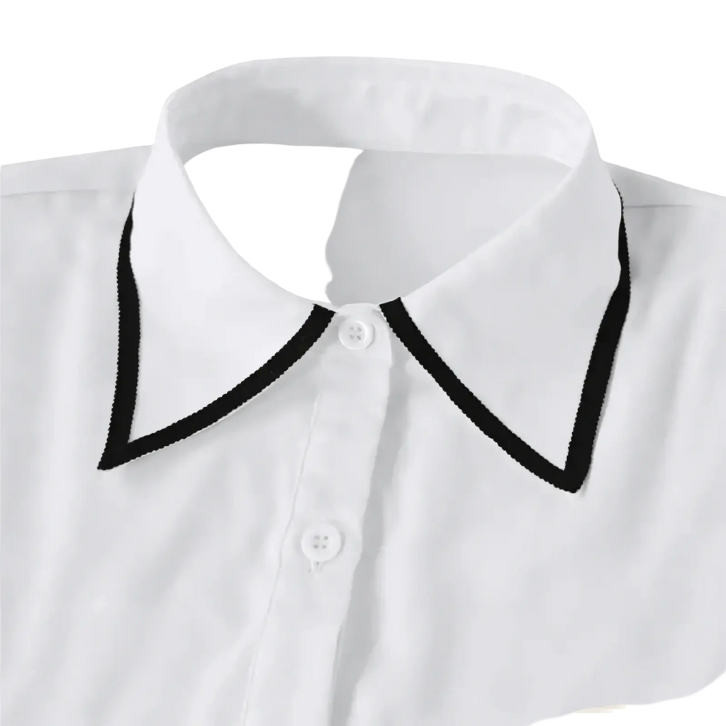 White button-up bow tie office blouse with crisp collar and black trim long sleeve workwear top
