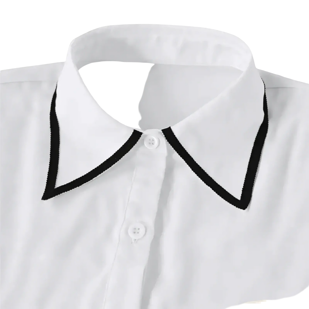 White button-up bow tie office blouse with crisp collar and black trim long sleeve workwear top